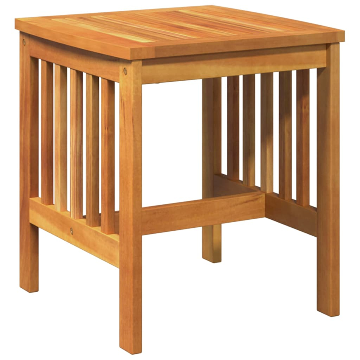 Una mesa cuadrada de madera con tapa y laterales de listones, soportada por cuatro patas. La madera es de color marrón claro.