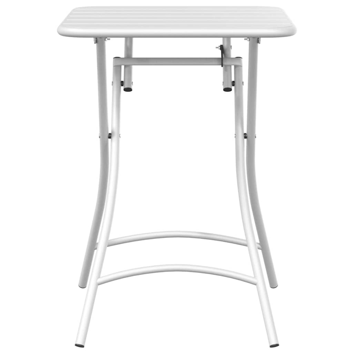 Ein weißer, quadratischer Gartentisch. Der Tisch hat eine Lamellenplatte und gebogene Beine. Das Gestell ist ebenfalls weiß. Es steht auf weißem Hintergrund.