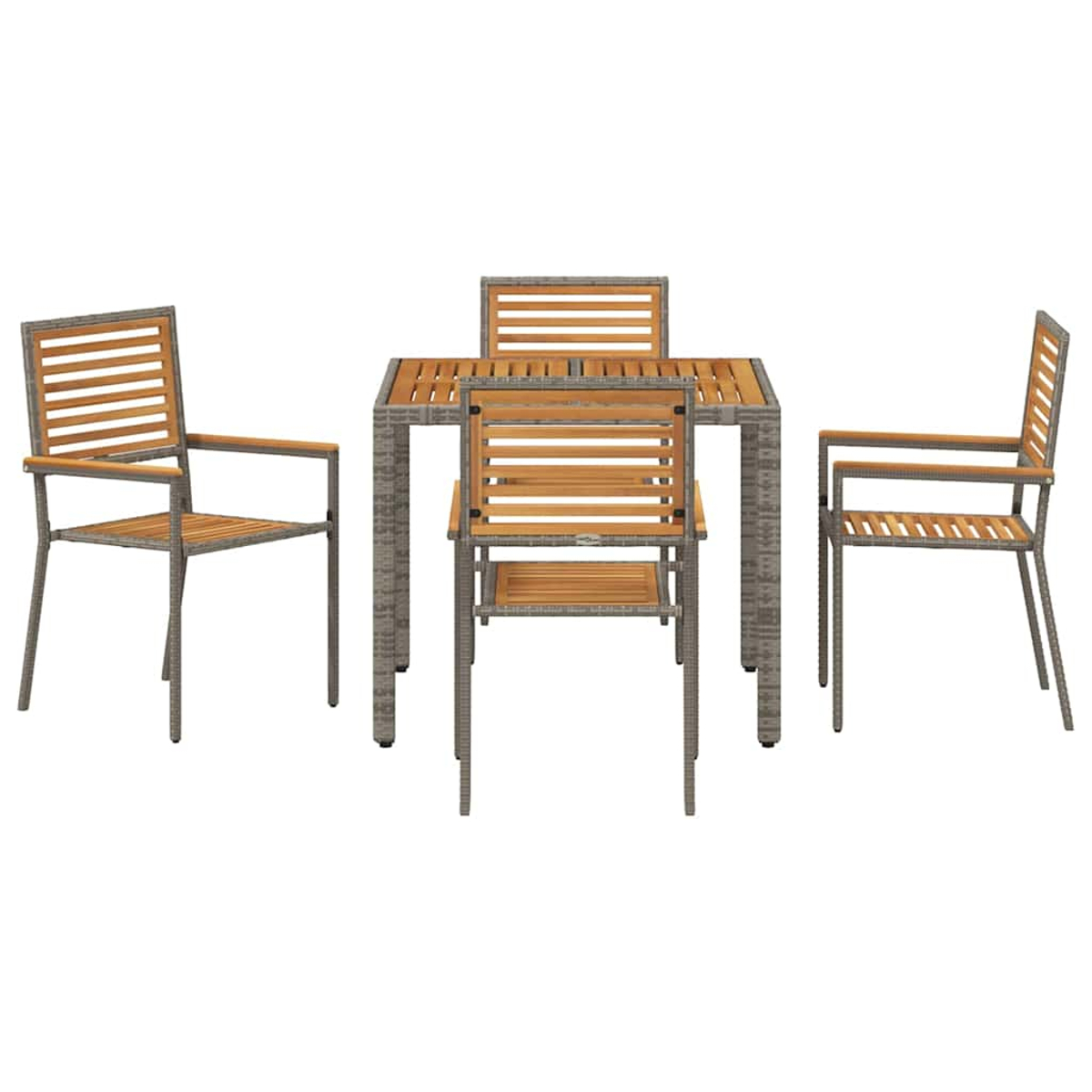 Ein quadratischer Tisch im Freien mit vier Stühlen. Tisch und Stühle haben Holzlatten und graue Rahmen. Der Hintergrund ist weiß.