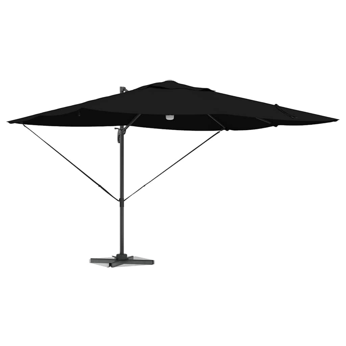 Un ombrellone nero è aperto. Ha una capote quadrata, un palo centrale e una base. Lo sfondo è bianco.