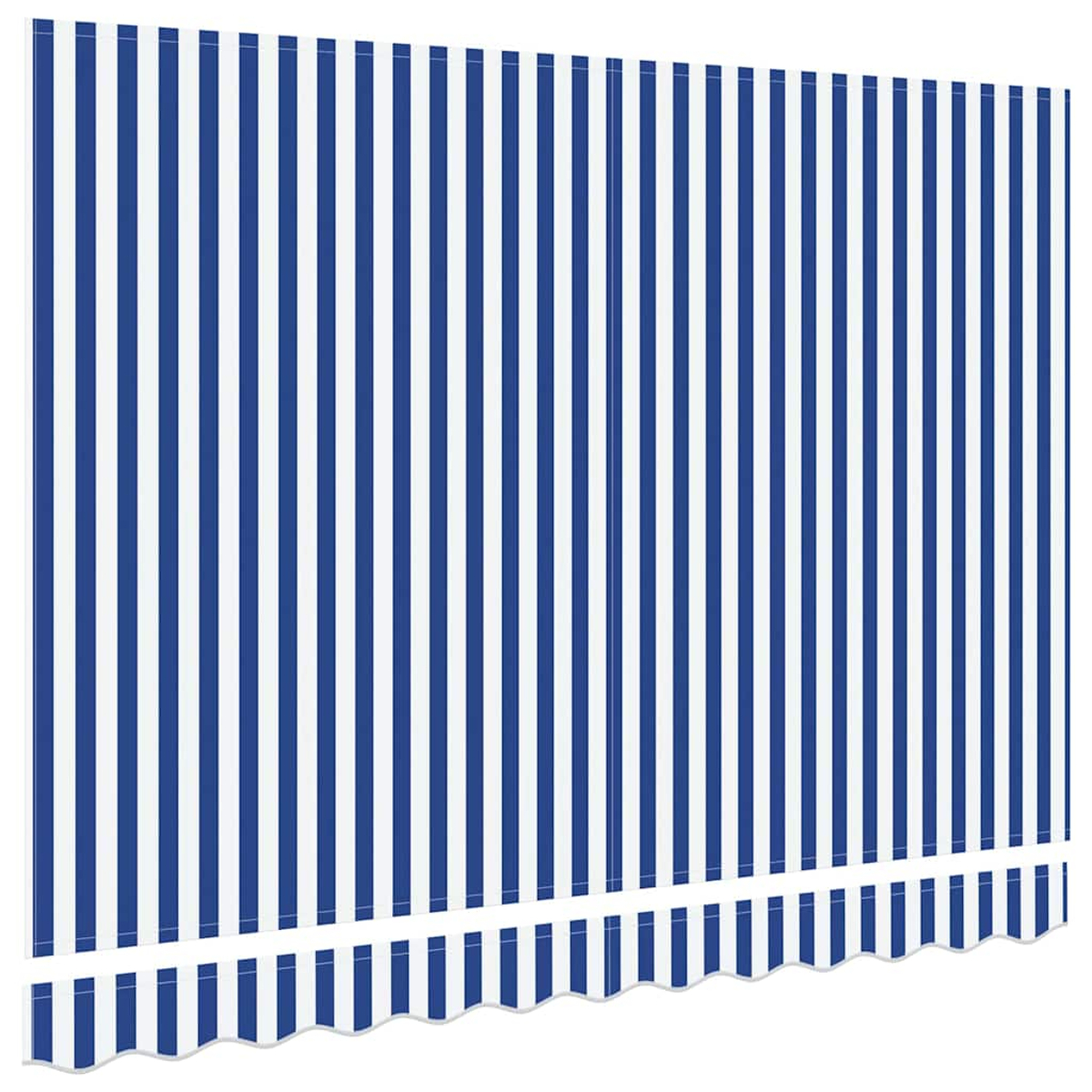 Bild eines blau-weiß gestreiften Markisensegels. Die Markise hat einen wellenförmigen Rand.