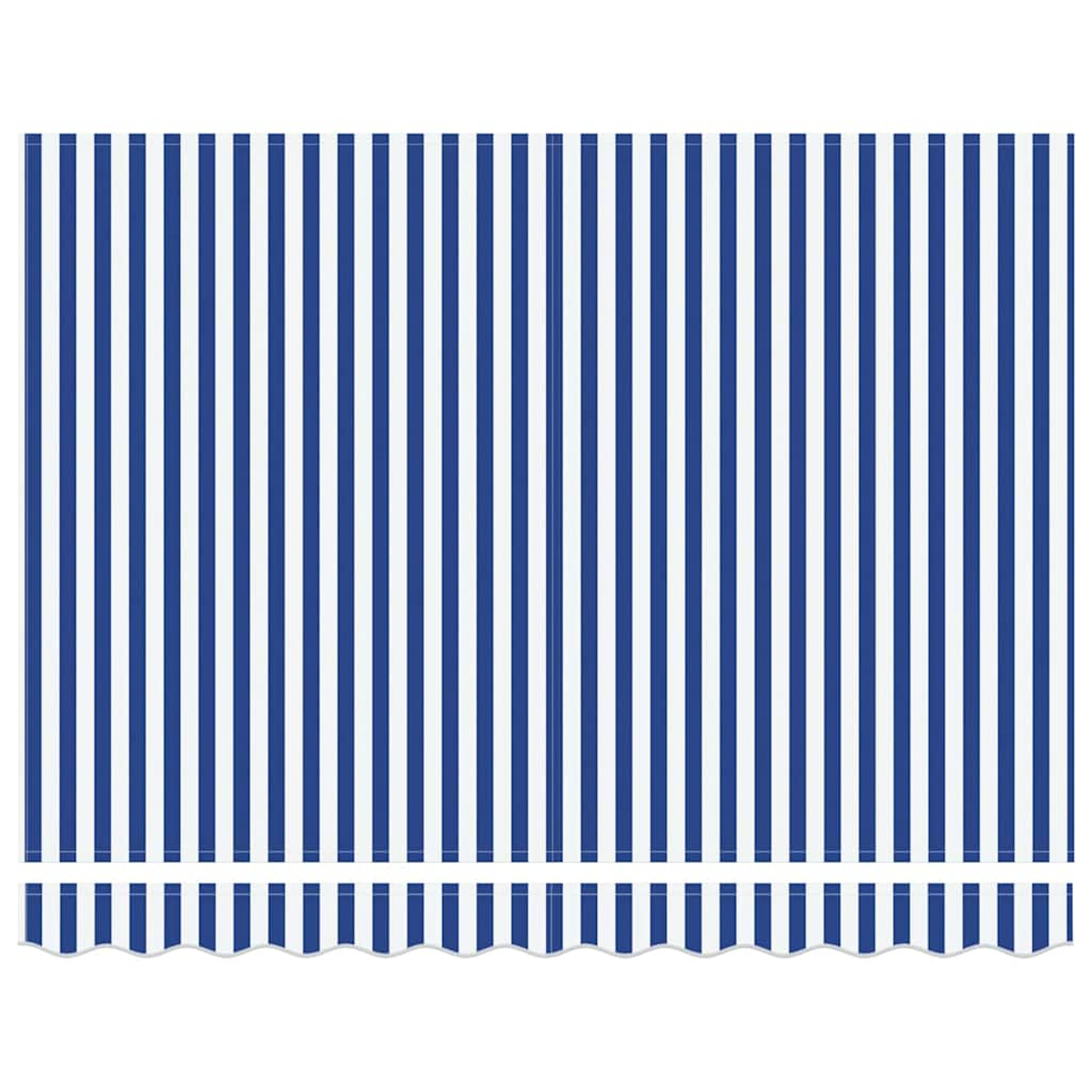 Ein blau-weiß gestreiftes Sonnensegel. Die Streifen sind vertikal. Die Unterkante hat ein wellenförmiges Design, ebenfalls in Weiß.