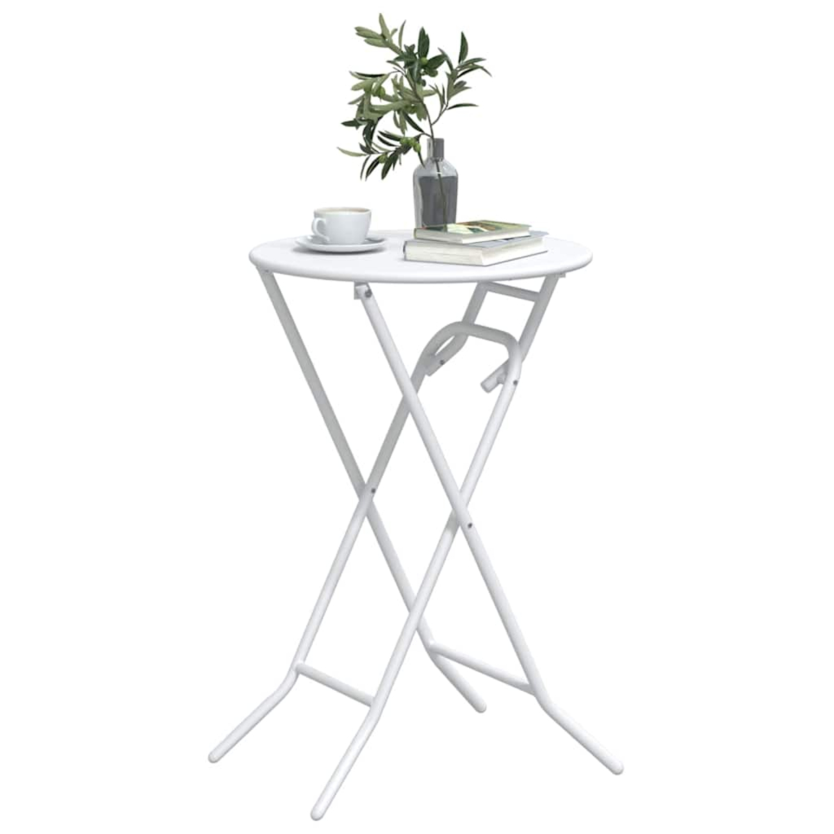 Weißer Klapptisch mit Pflanze, Kaffeetasse und Büchern. Weißer Hintergrund. Minimalistisches Design.