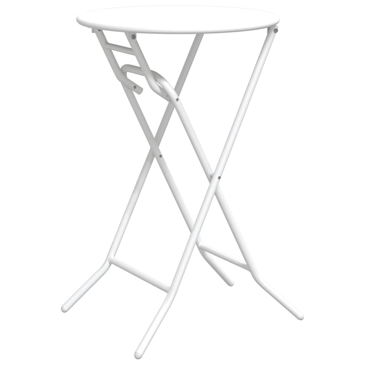 Ein weißer, zusammenklappbarer, runder Tisch. Der Tisch hat ein weißes Metallgestell und Beine, die ein X bilden. Die Tischplatte ist weiß.