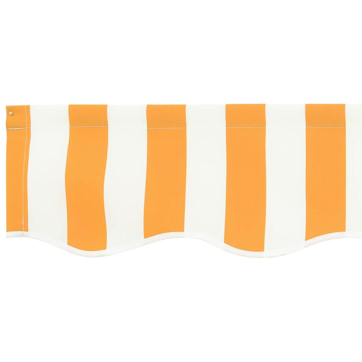 Ein Abschnitt eines gestreiften Baldachins. Abwechselnd orange und weiße vertikale Streifen. Gezackter Rand unten. Weißer Hintergrund.