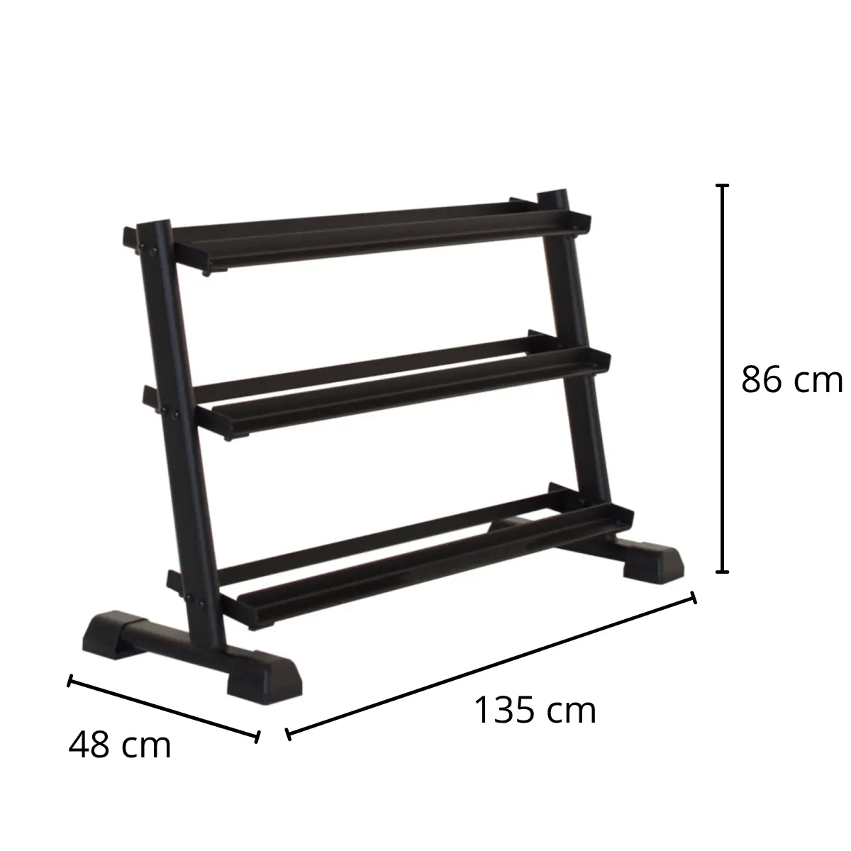 Black dumbbell rack with three shelves. Dimensions are labeled: 48cm wide, 135cm long, and 86cm high. Isolated on white background.