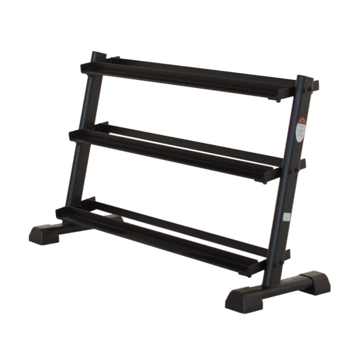 A black dumbbell rack with three tiers is shown. It has a slanted design and is empty. It is against a white background.