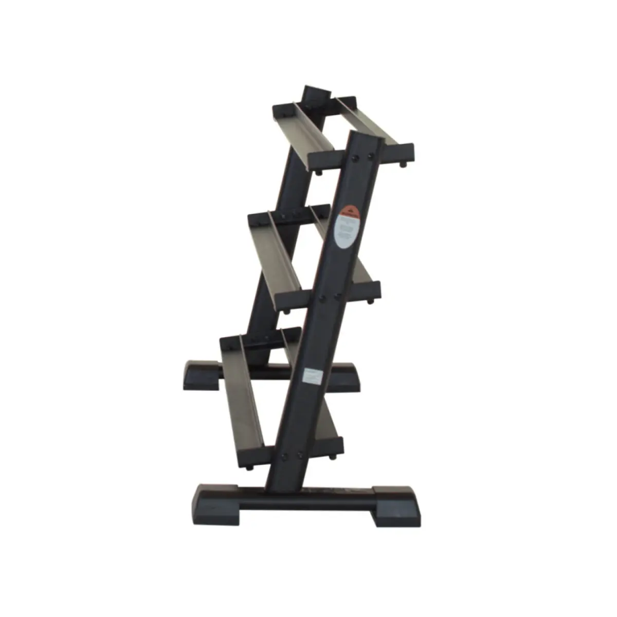 A black dumbbell rack is on a white background. It has multiple angled shelves for storing weights.