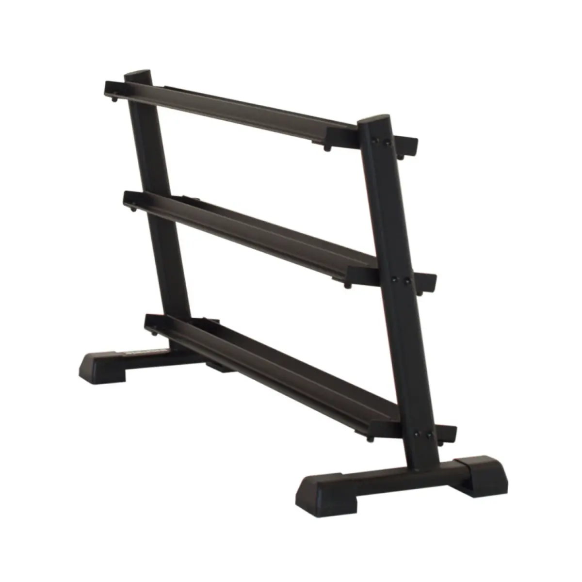 Black dumbbell rack with three angled shelves. It stands on a white background, showing a fitness equipment.