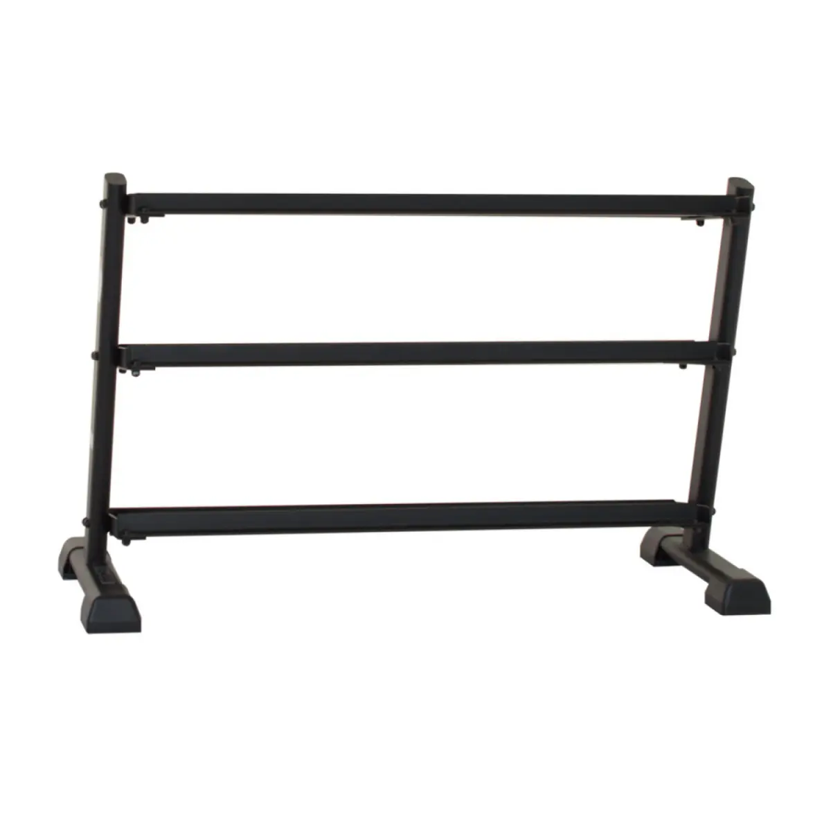 A black metal dumbbell rack with three horizontal bars. It stands on two rectangular bases.