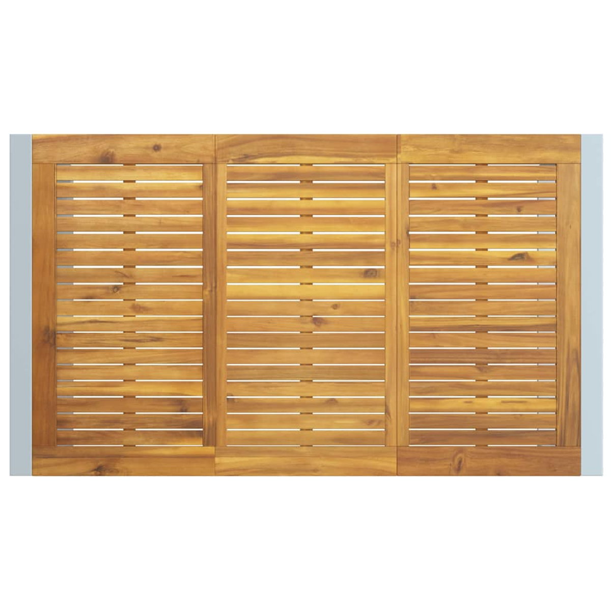 Holztisch mit horizontalen Lamellen. Drei Abschnitte, je mit rechteckigem Rahmen und parallelen Holzlamellen. Hellbraune Farbe.