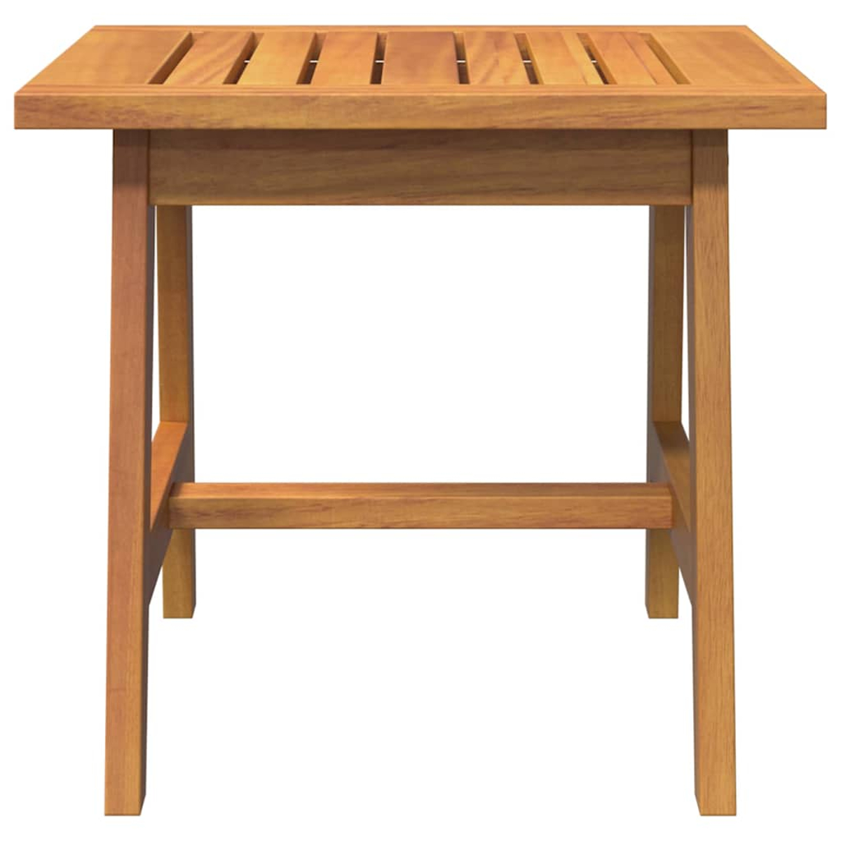 Una mesa de madera con tapa de listones y cuatro patas. La mesa es marrón y está sobre fondo blanco.