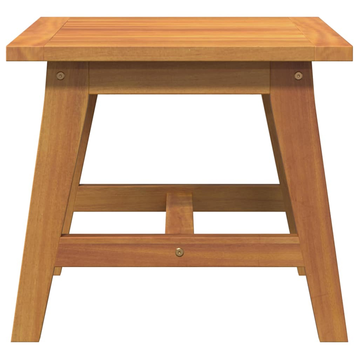 Una mesa auxiliar de madera con tapa cuadrada, soportada por patas anguladas y soportes transversales, con acabado de grano de madera natural.
