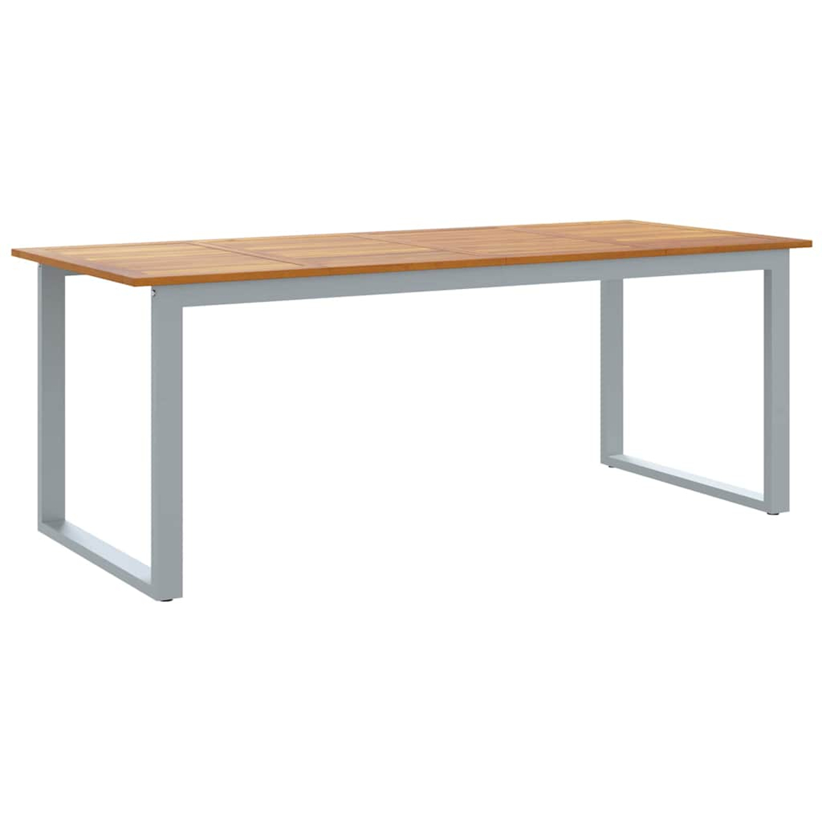 Un tavolo rettangolare con piano in legno marrone chiaro e gambe in metallo grigio. Lo sfondo è bianco.