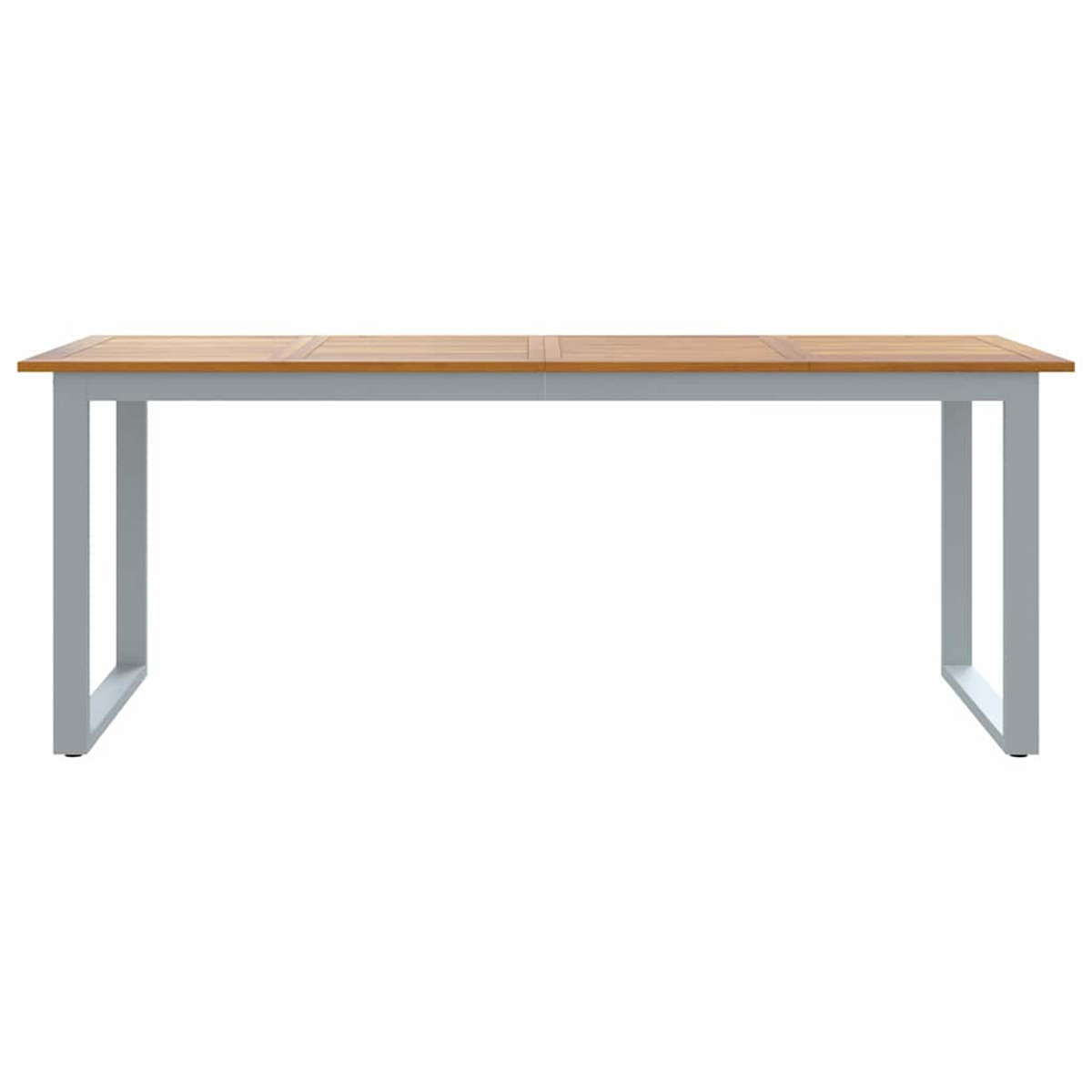 Un tavolo rettangolare con piano in legno e gambe in metallo grigio su sfondo bianco.