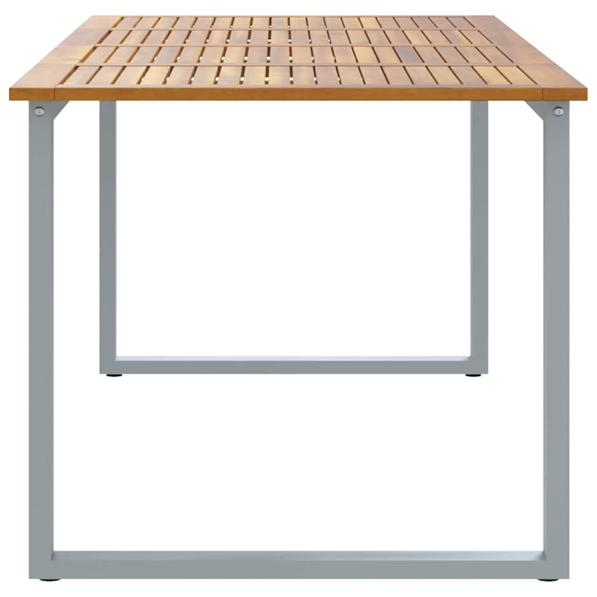 Tavolo in legno con gambe in metallo grigio. Il piano è rettangolare con doghe di legno strette. Le gambe sono grigio chiaro.