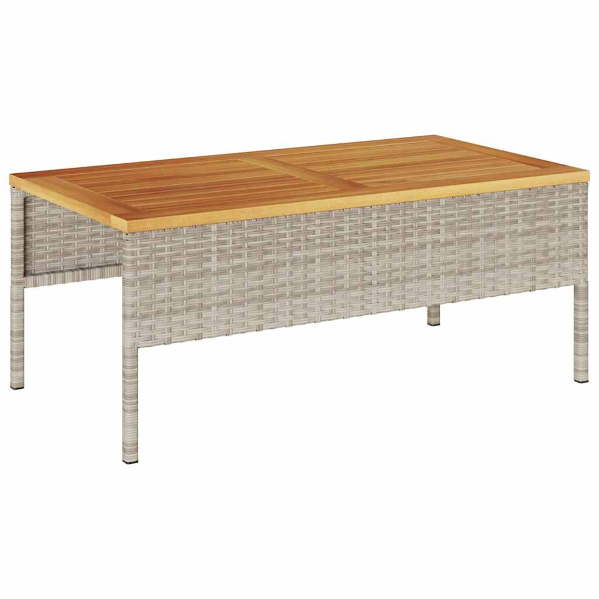 Ein rechteckiger Outdoor-Couchtisch. Er hat eine hellbraune Holzplatte und eine graue, gewebte Rattanbasis und Beine.