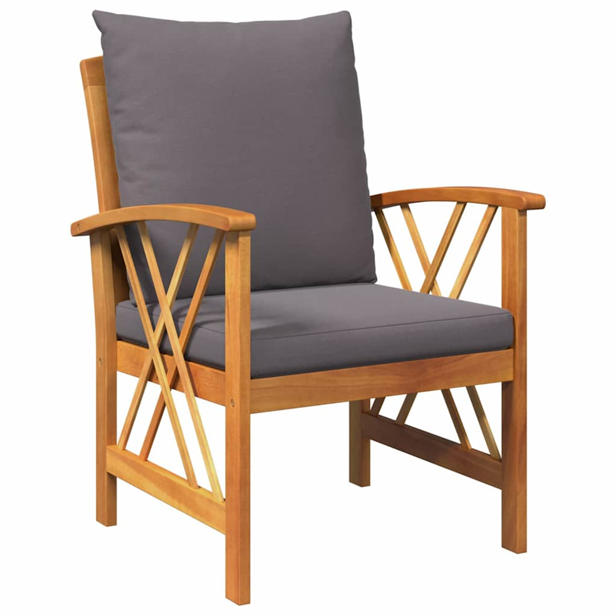 Holz-Outdoor-Sessel mit grauen Kissen. Der Stuhl hat Armlehnen und eine hohe Rückenlehne und steht vor einem weißen Hintergrund.