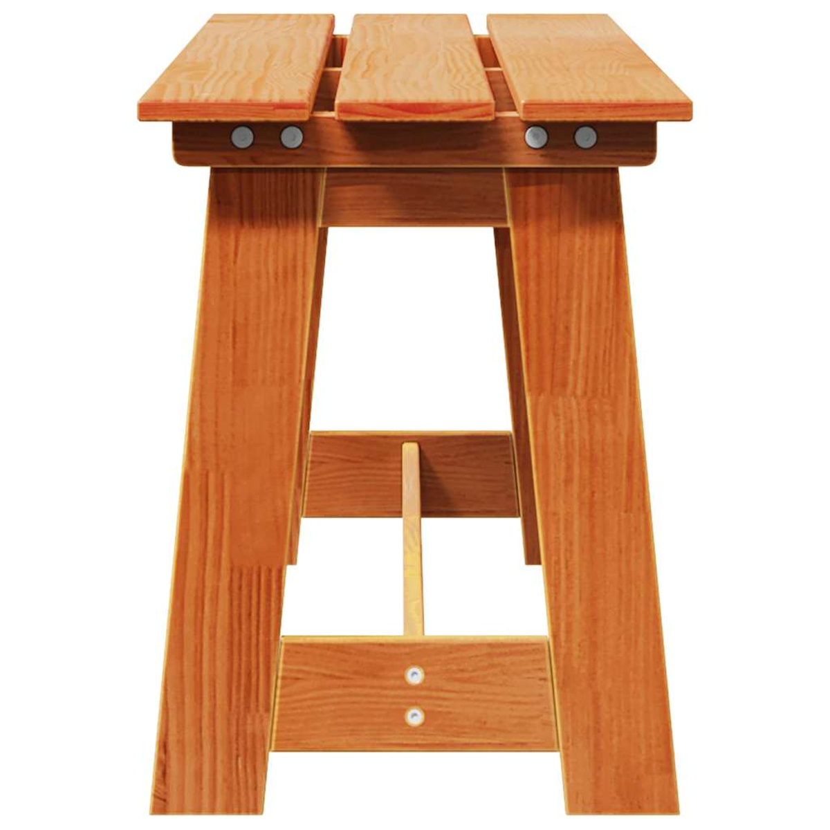 Ein Holzschemel mit vier Beinen, sichtbaren Schraubenköpfen und einer Lattenrostsitzfläche. Das Holz hat einen warmen, orangebraunen Farbton.