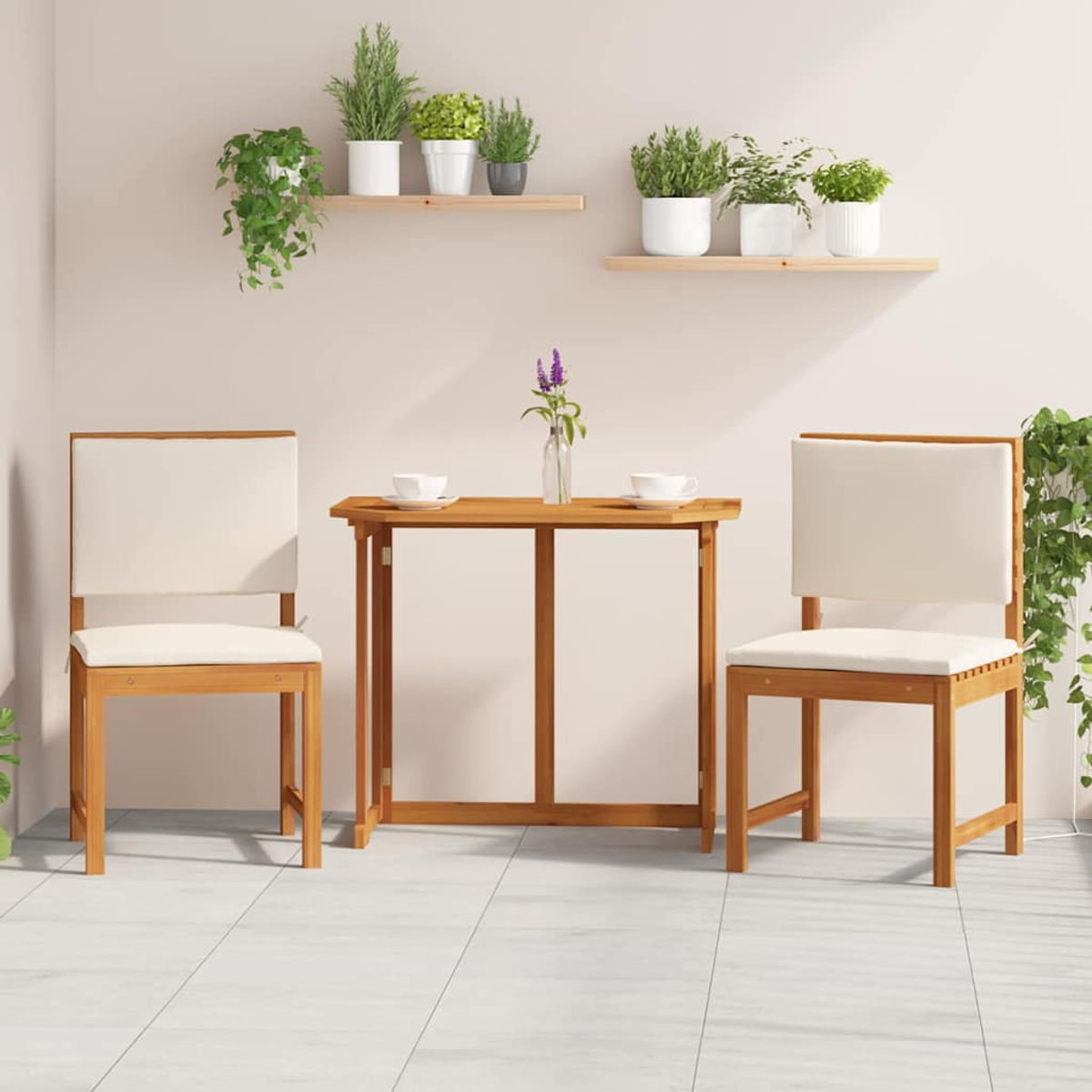 Szene im Freien: Holztisch und Stühle. Pflanzen auf Regalen und hängend. Zwei Tassen auf dem Tisch. Hellfarbige Wand und Boden.