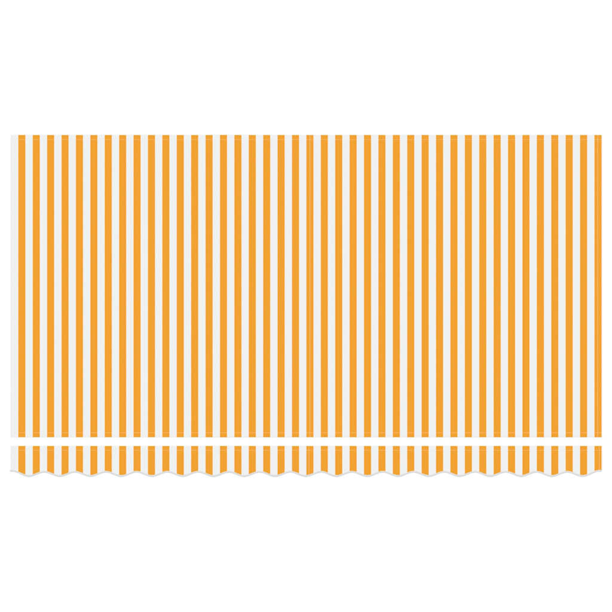 Ein orange-weiß gestreifter Markisenstoff. Der untere Rand hat ein dekoratives Muscheldesign. Der Hintergrund ist weiß.