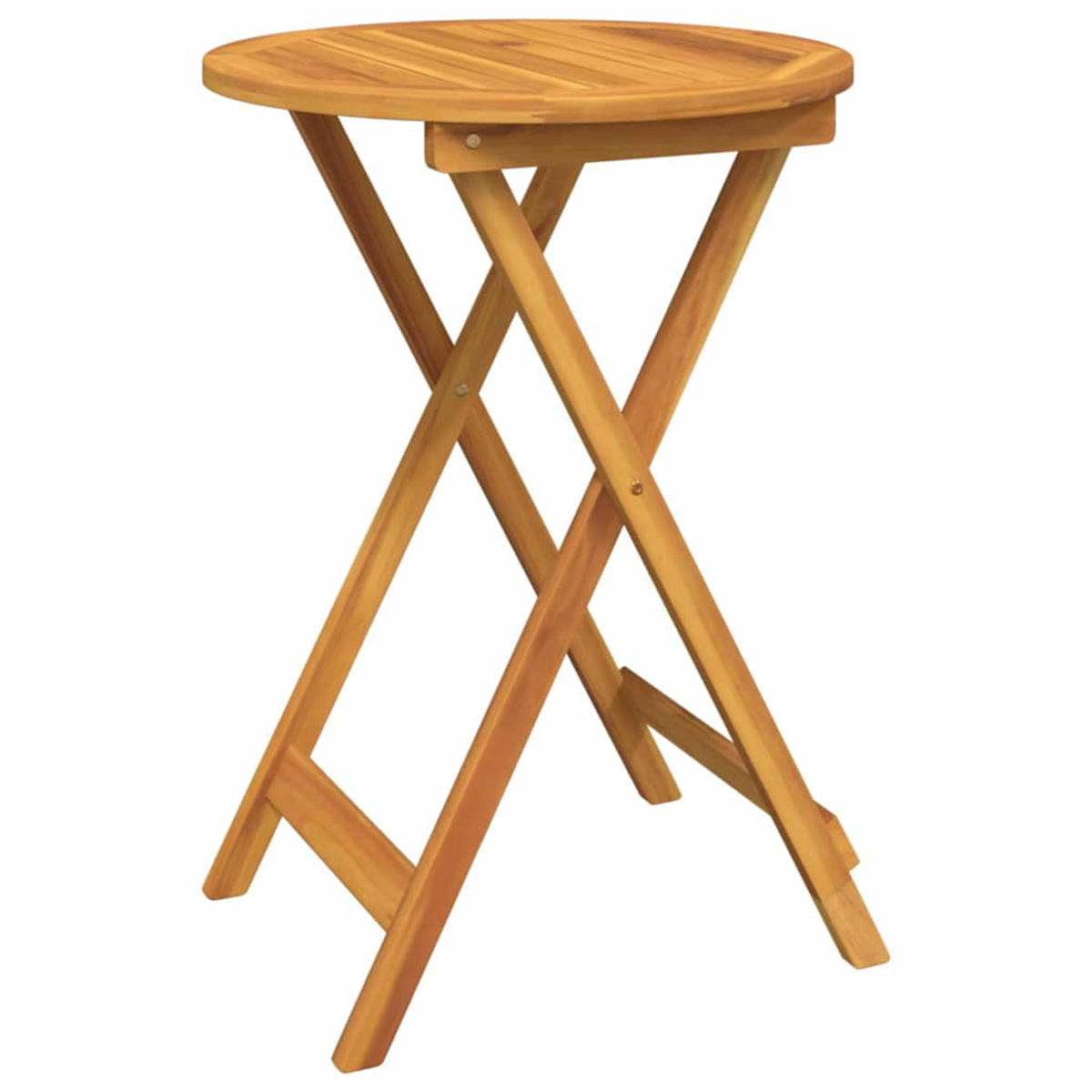 Ein kleiner, runder Klapptisch aus Holz. Die Tischplatte ist hellbraun, und die Beine bilden ein X.