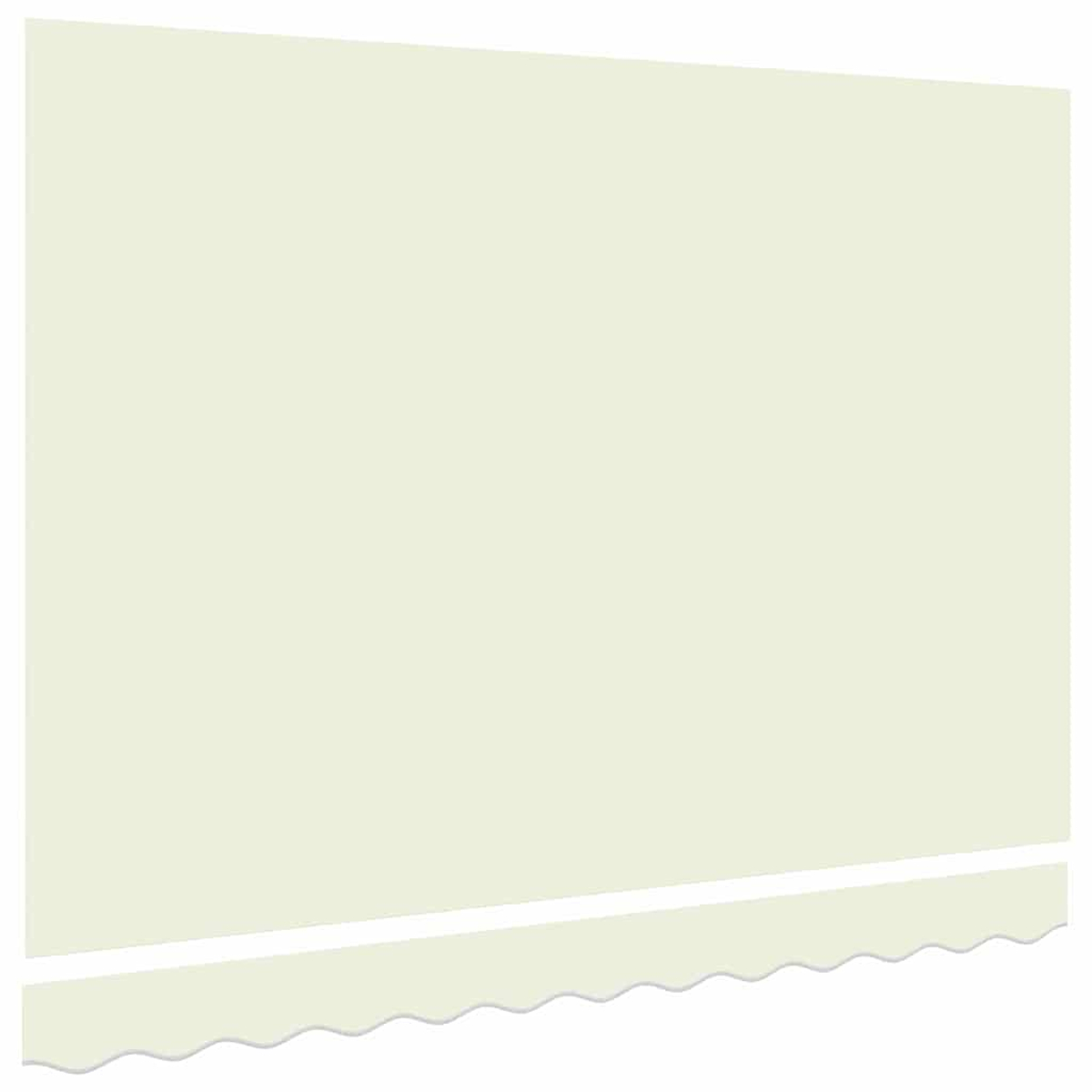 Eine hellbeige Wand mit einem weißen, wellenförmigen Vordach am unteren Rand. Die Wand hat eine glatte Oberfläche und ist leicht abgewinkelt.