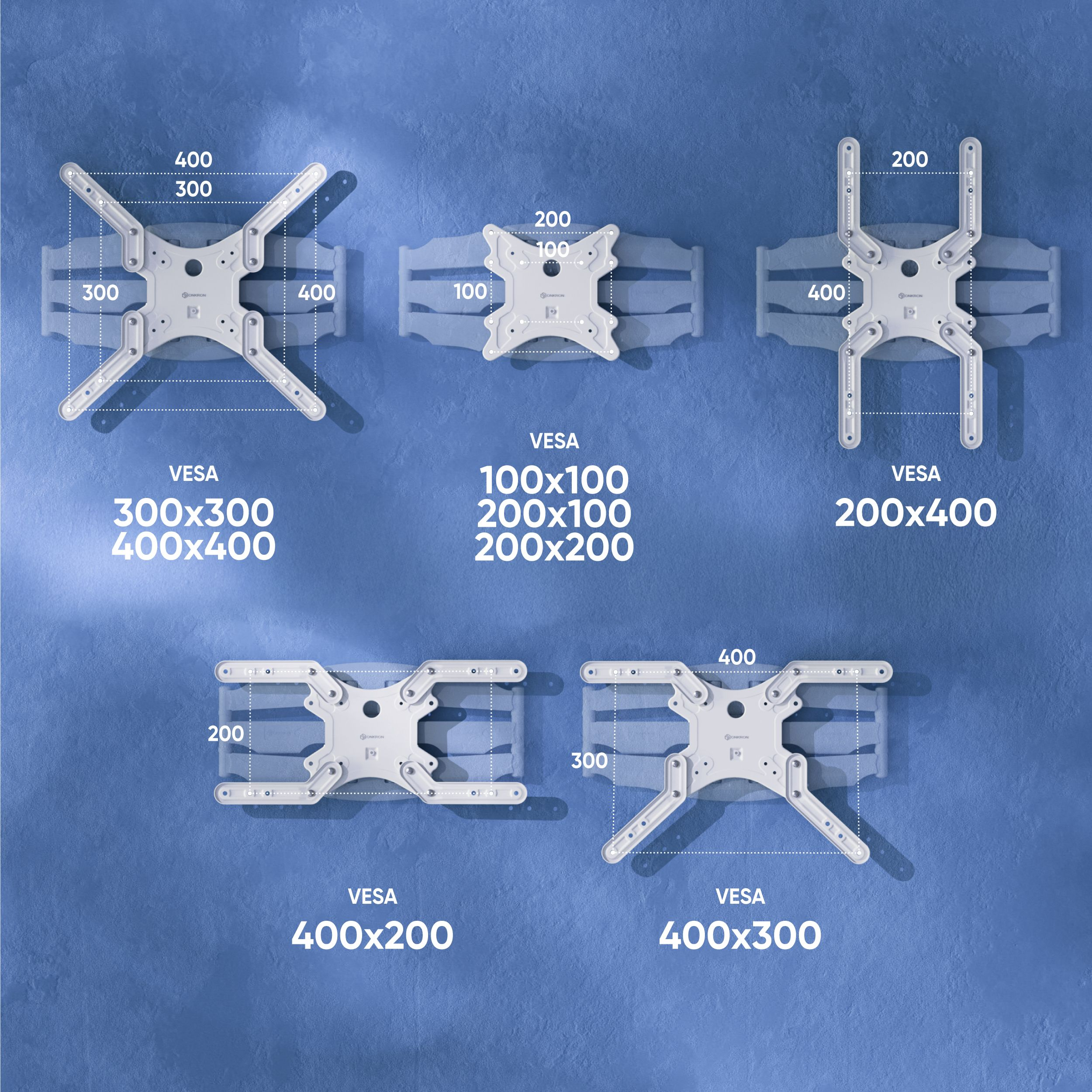 Obraz przedstawia pięć uchwytów ściennych z wymiarami i standardami VESA. Tło jest niebieskie.