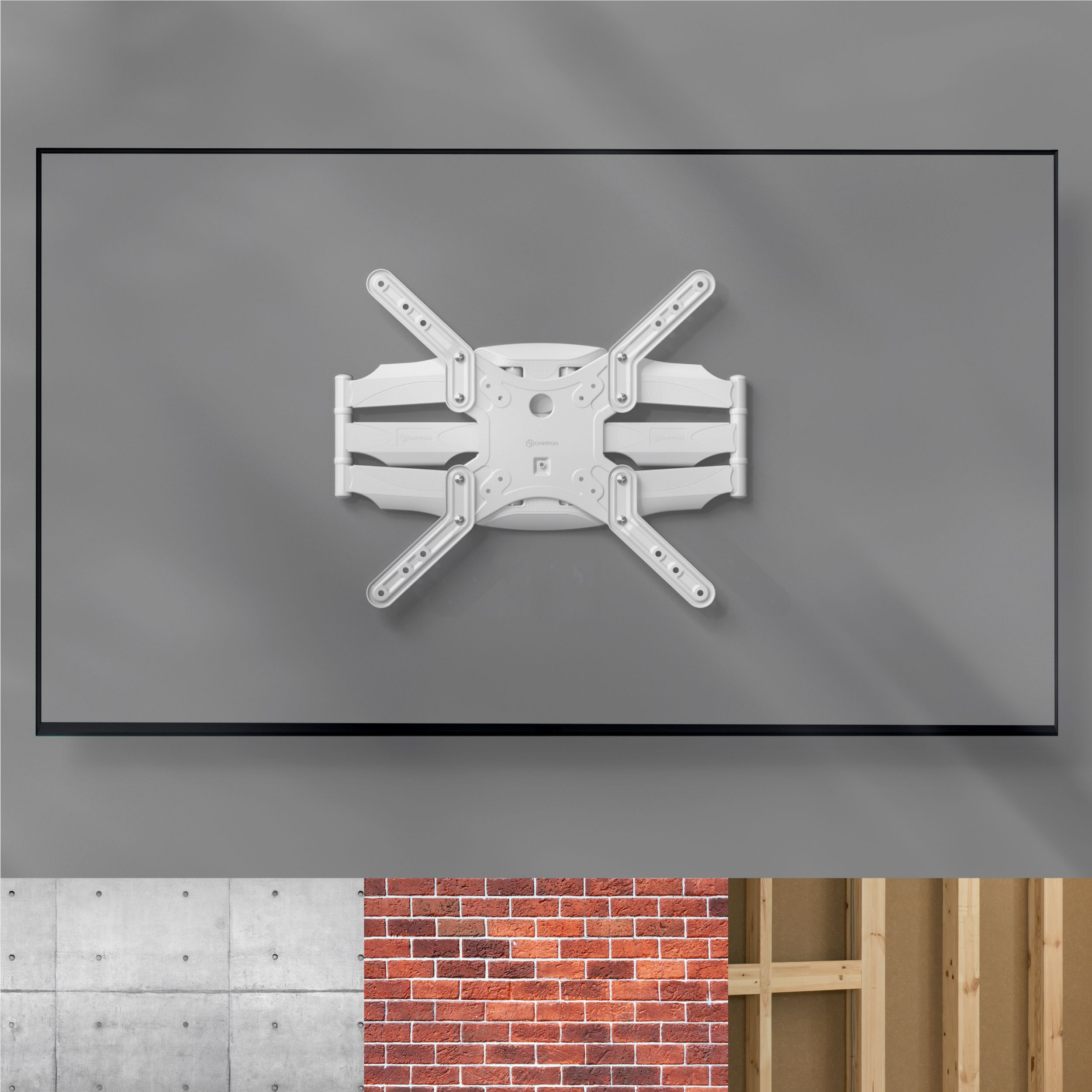 Biały uchwyt do telewizora jest wyśrodkowany na szarej ścianie. Poniżej widoczna jest betonowa ściana, ceglana ściana i drewniana rama.