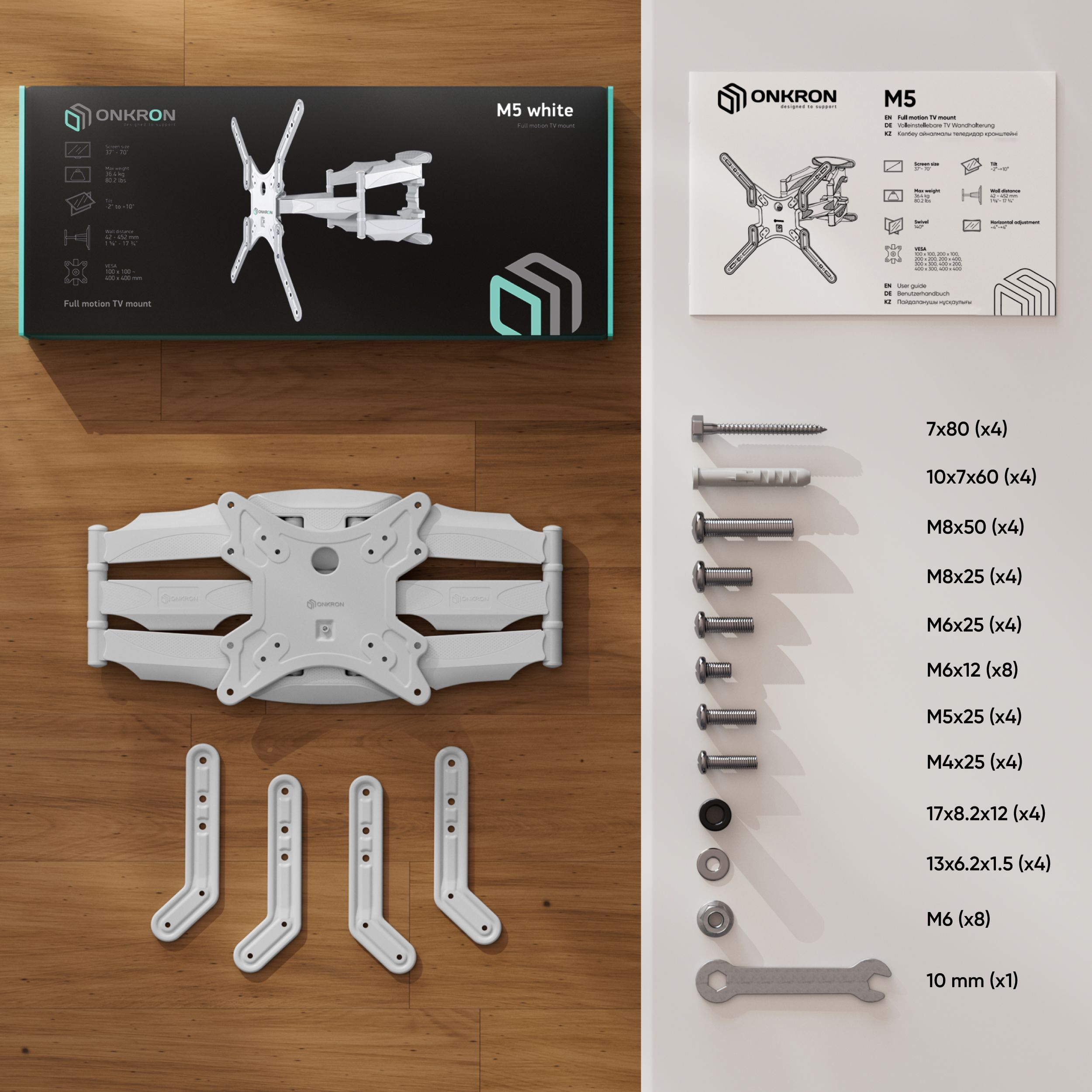 Obraz białego zestawu do montażu telewizora z jego komponentami ułożonymi na drewnianej powierzchni, z pudełkami i instrukcjami.