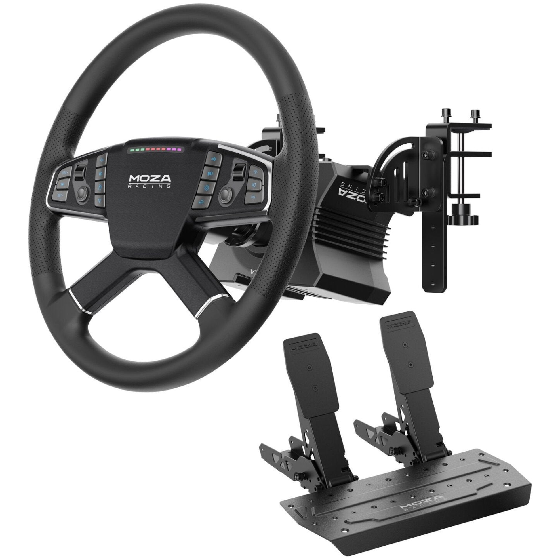 Ein schwarzes MOZA-Rennlenkrad, Pedale und Montagezubehör auf weißem Hintergrund, ein Rennsimulator-Setup.
