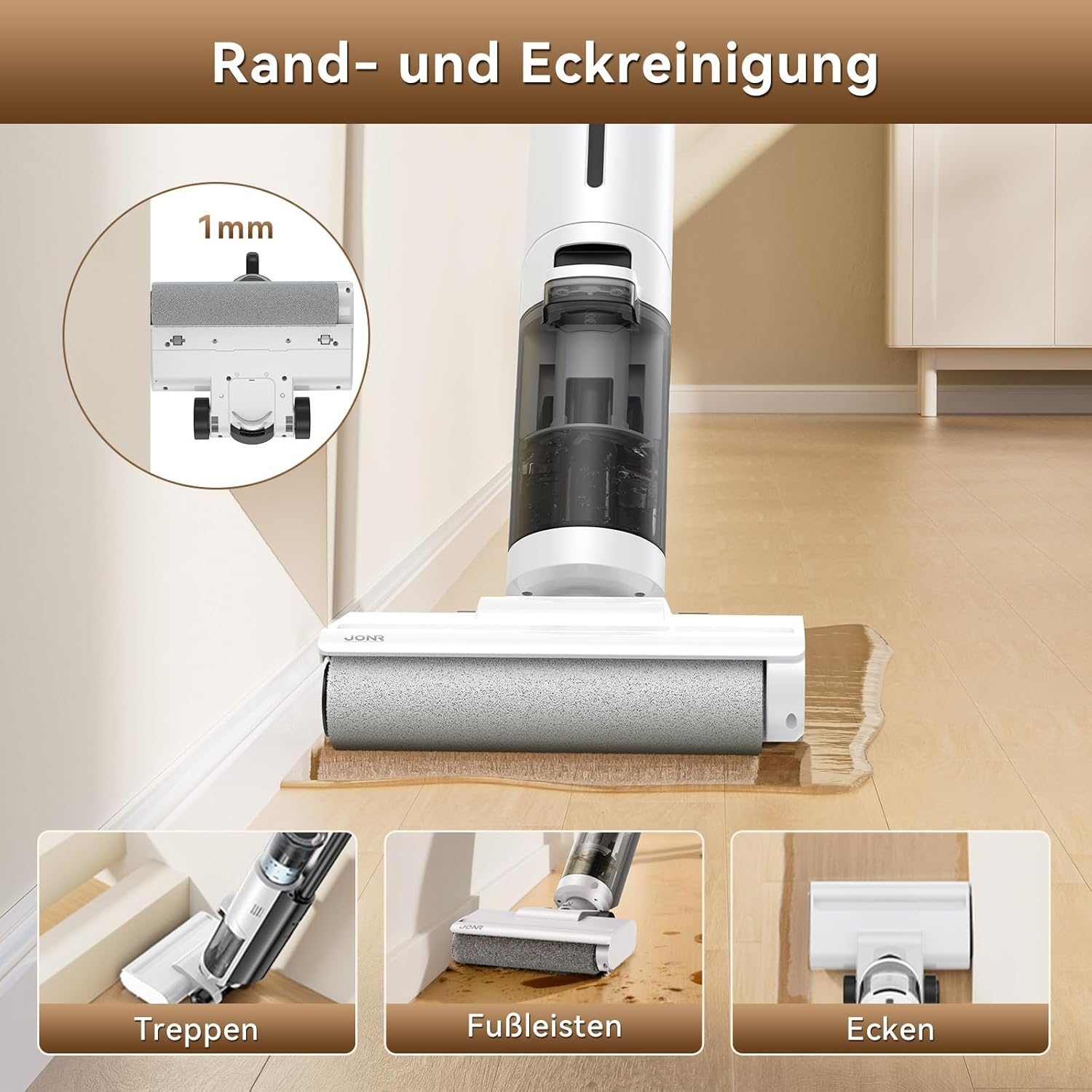 Biało-czarny odkurzacz czyści drewnianą podłogę. Dodatkowe obrazy pokazują czyszczenie schodów, listew przypodłogowych i narożników.