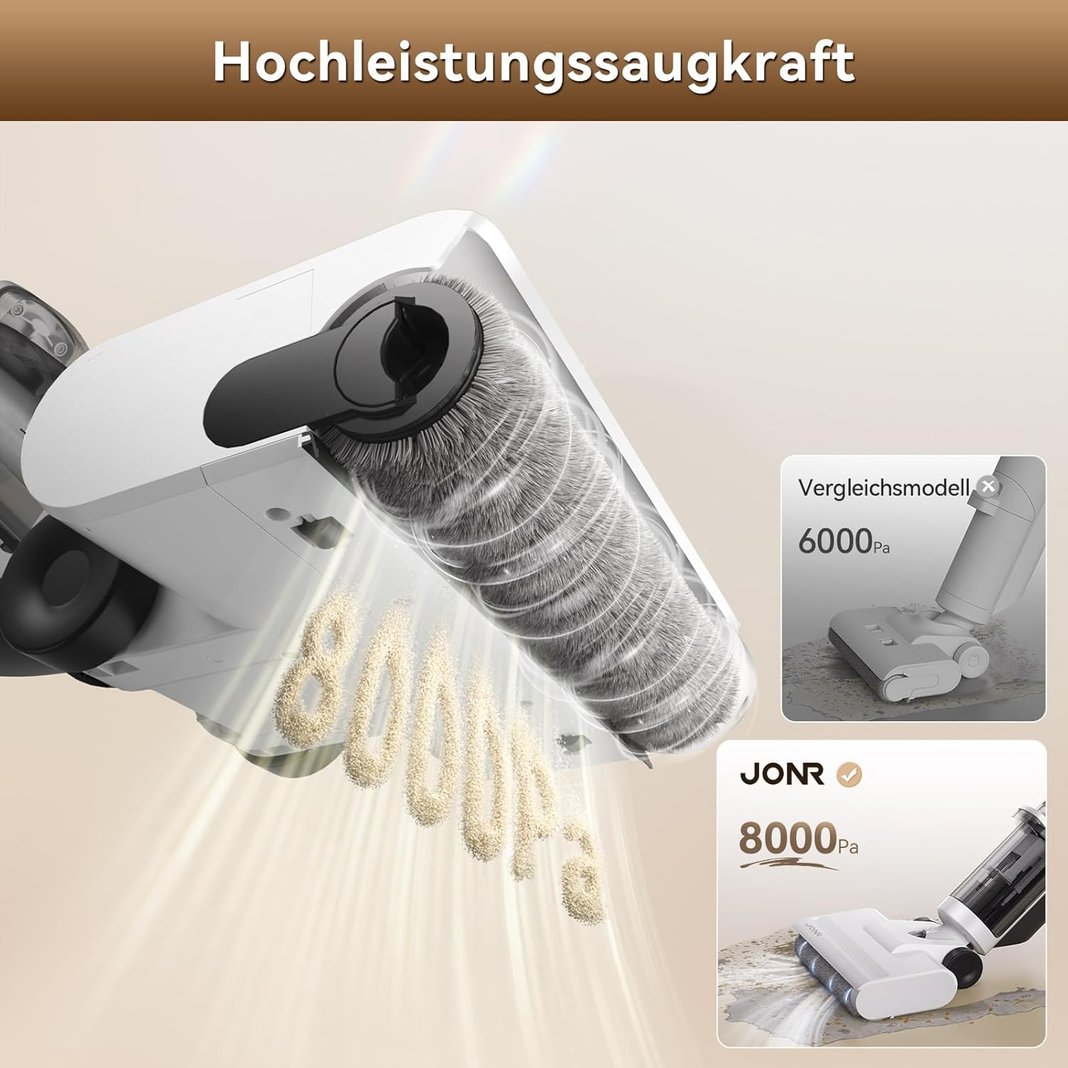 Biały odkurzacz z czarną główką szczotki, pokazujący moc ssania 8000Pa. Porównanie pokazuje 6000Pa. Piasek jest zasysany.