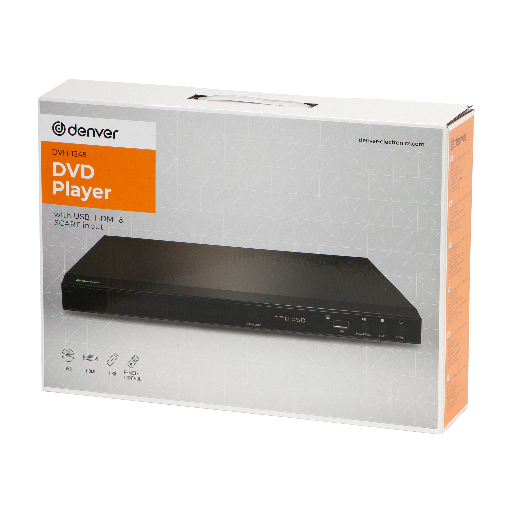 Odtwarzacz DVD Denver w białym pudełku. Jest czarny, z przyciskami i wyświetlaczem. Pudełko pokazuje funkcje takie jak USB i HDMI.