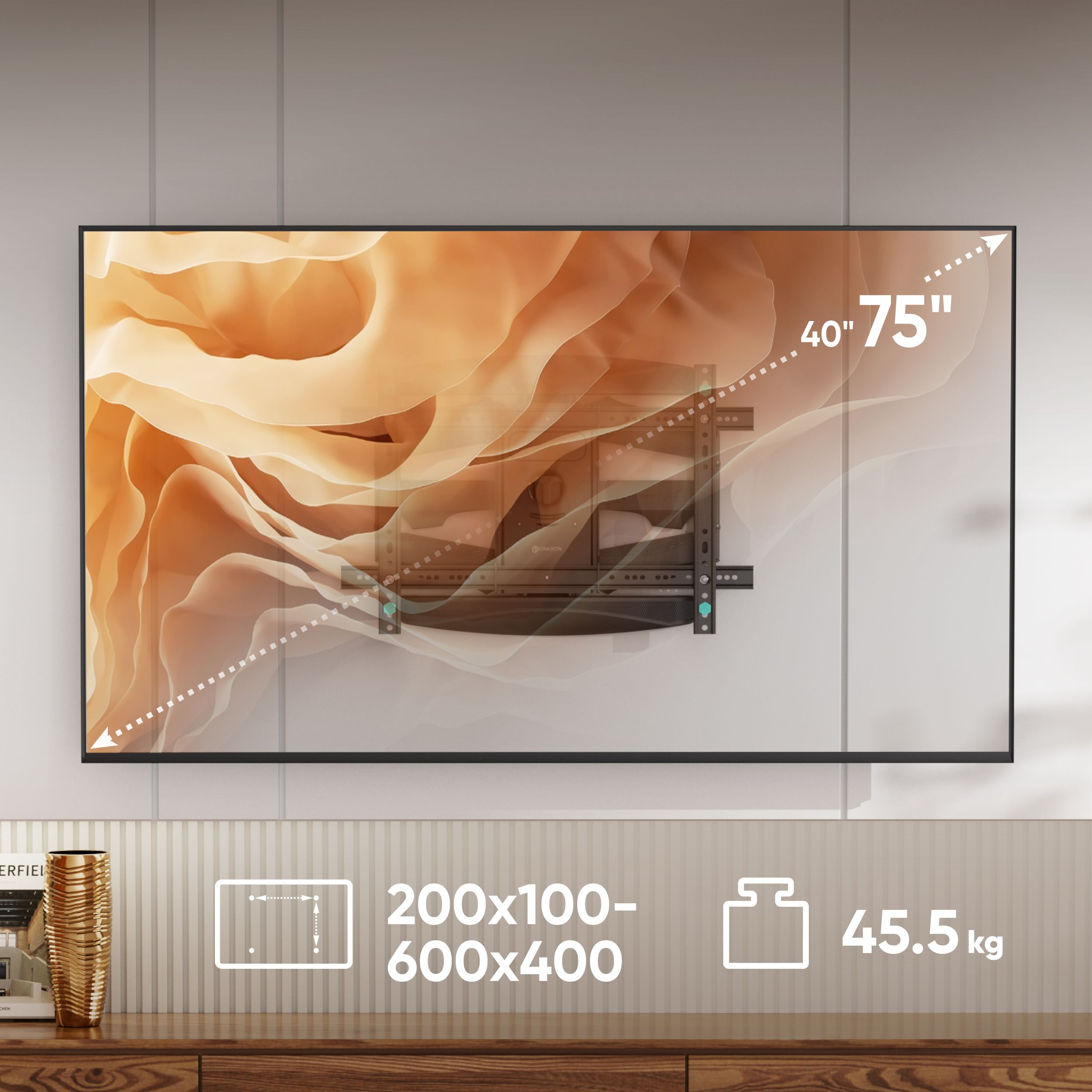 Telewizor zamontowany na ścianie z uchwytem. Specyfikacje obejmują rozmiar, wagę i wymiary.