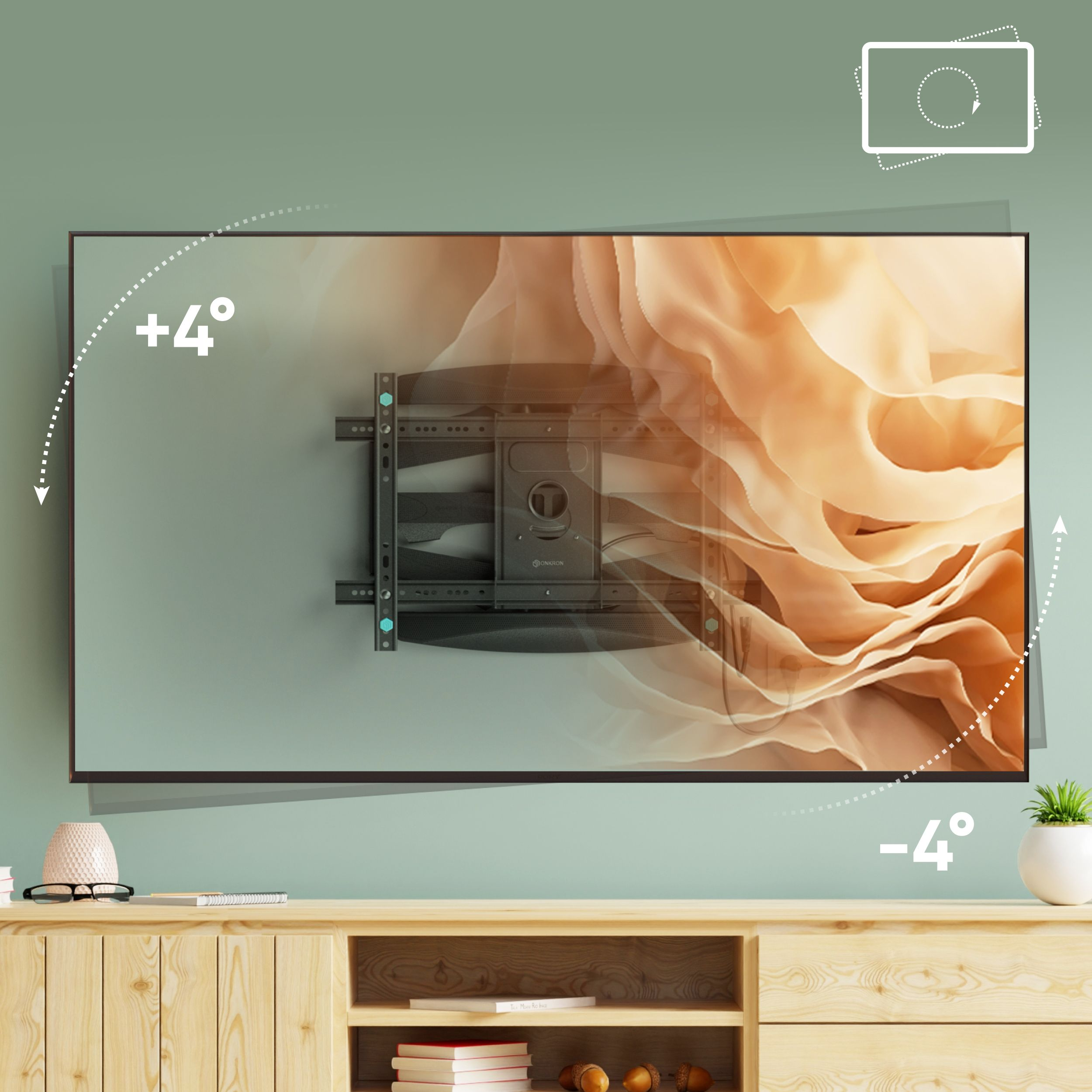 Telewizor na ścianie z uchwytem, pokazujący kąty. Drewniana szafka z dekoracjami poniżej.