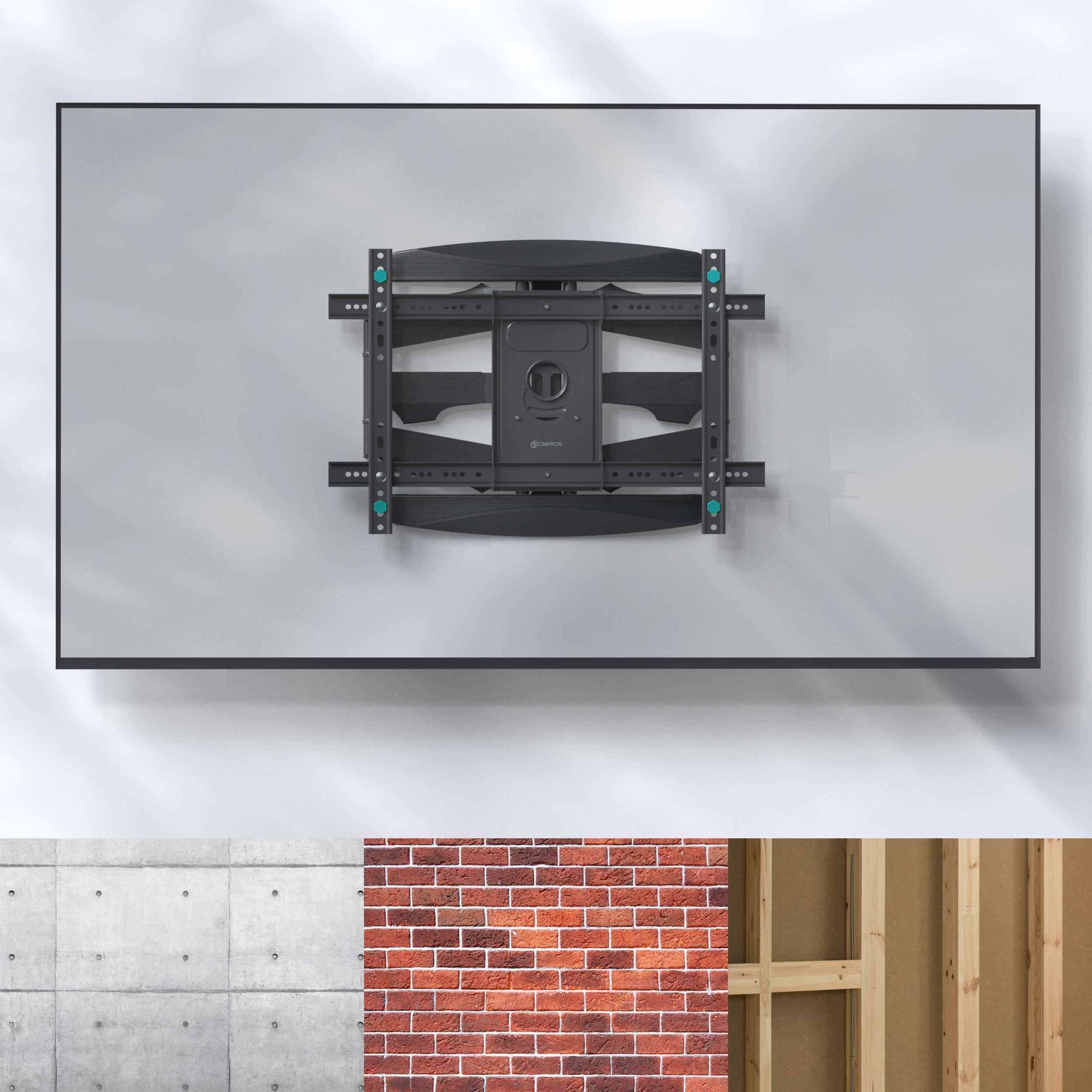 Uchwyt ścienny do telewizora na jasnoszarej ścianie. Poniżej fragmenty betonu, czerwonej cegły i ramy drewnianej.