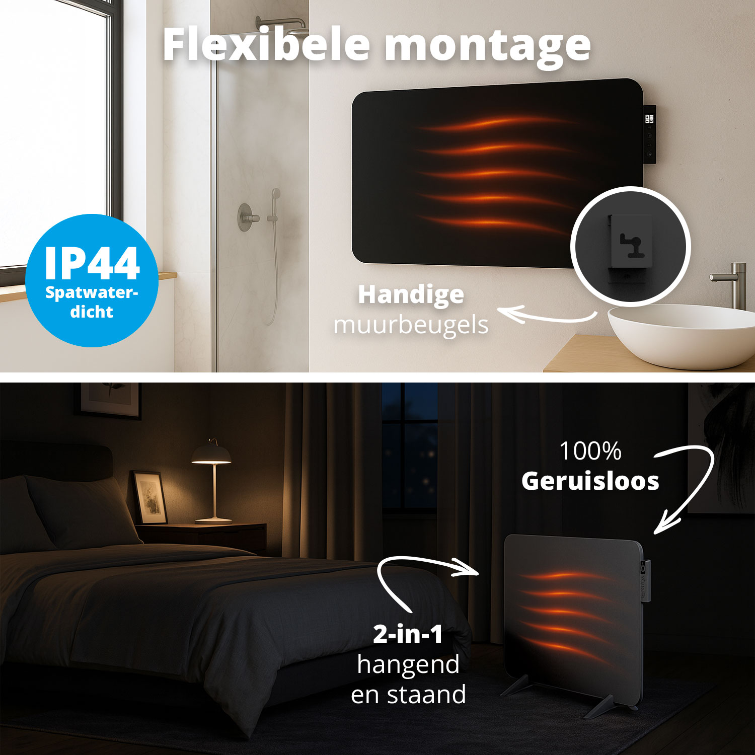Afbeelding toont een verwarming, een badkamer en een slaapkamer. Verwarming kenmerken: waterdicht, flexibele montage en stille werking. Biedt 2-in-1 gebruik.