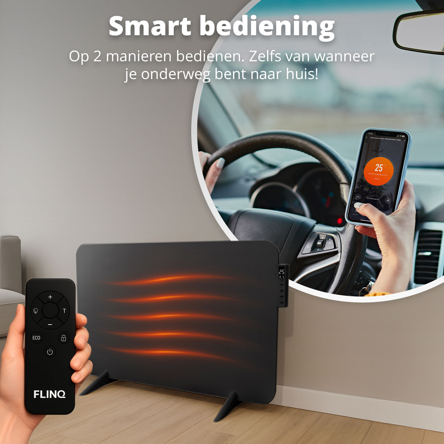 Een vrouw in een auto gebruikt een telefoon om een ​​kachel te bedienen. De kachel en afstandsbediening zijn ook zichtbaar. Tekst: Smart bediening.