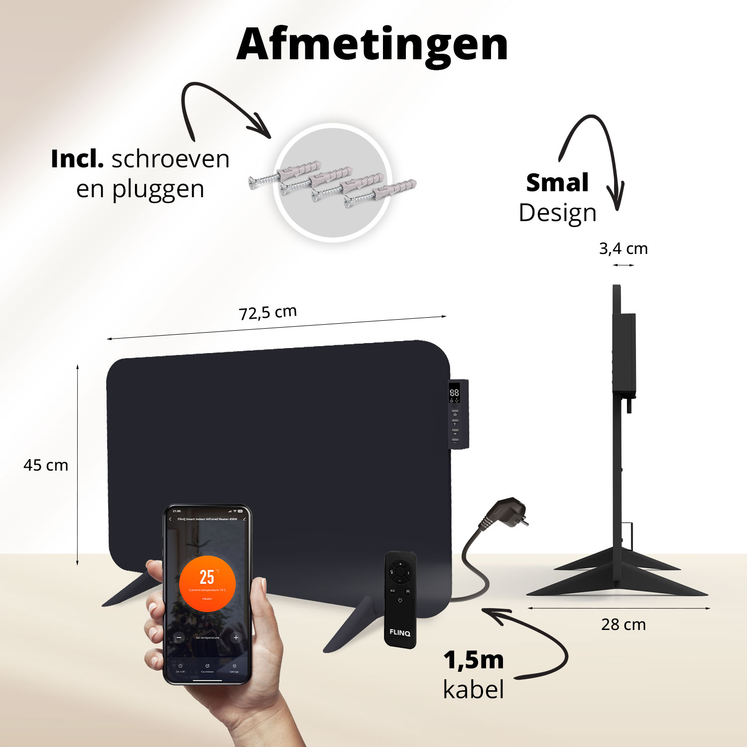 Een zwart paneelverwarming met afmetingen. Een telefoon toont temperatuurregeling. Accessoires: schroeven, afstandsbediening en netsnoer.
