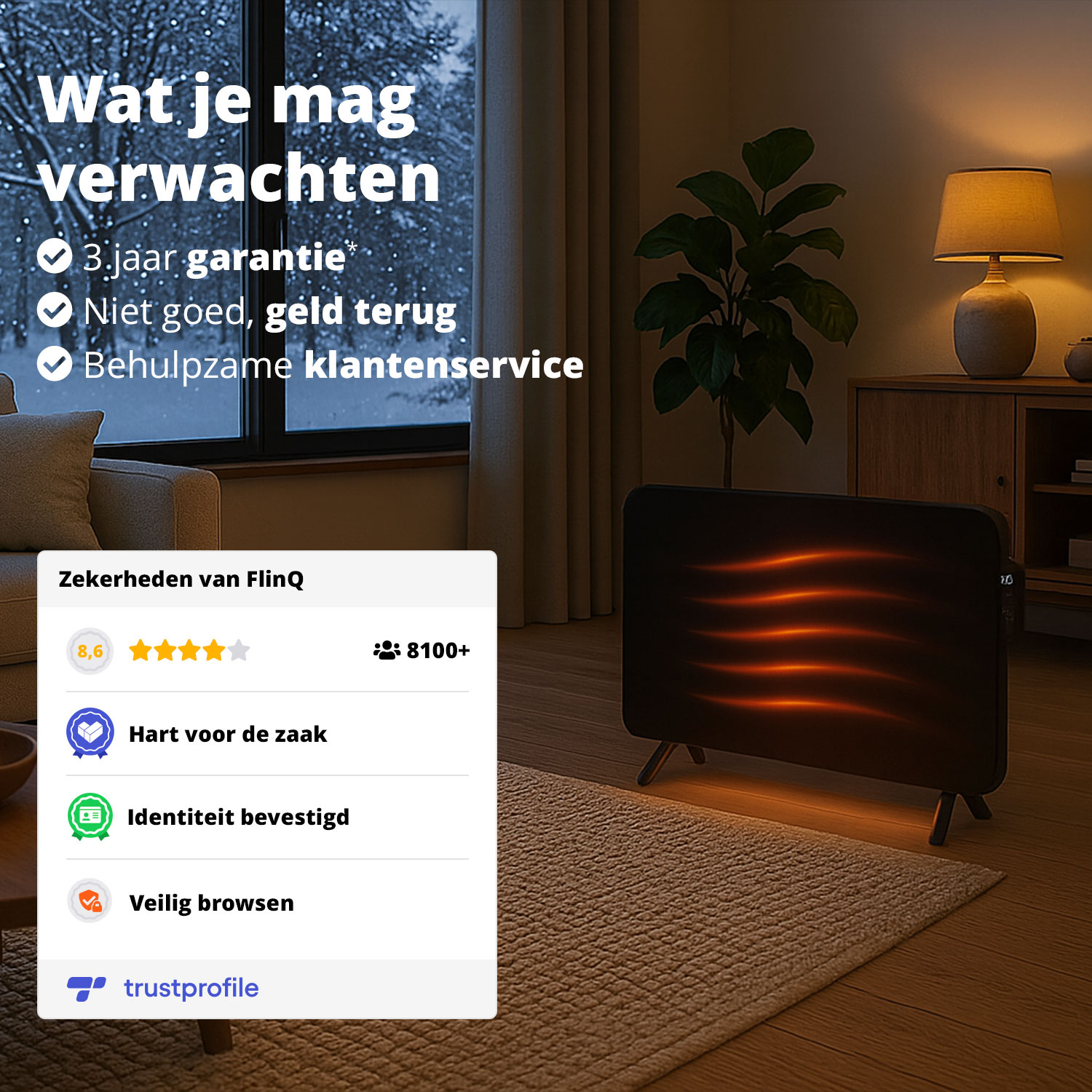 Een kamer met een kachel, plant en lamp. Tekst bevat garantie en klantenservice. Trustprofile-logo is zichtbaar.