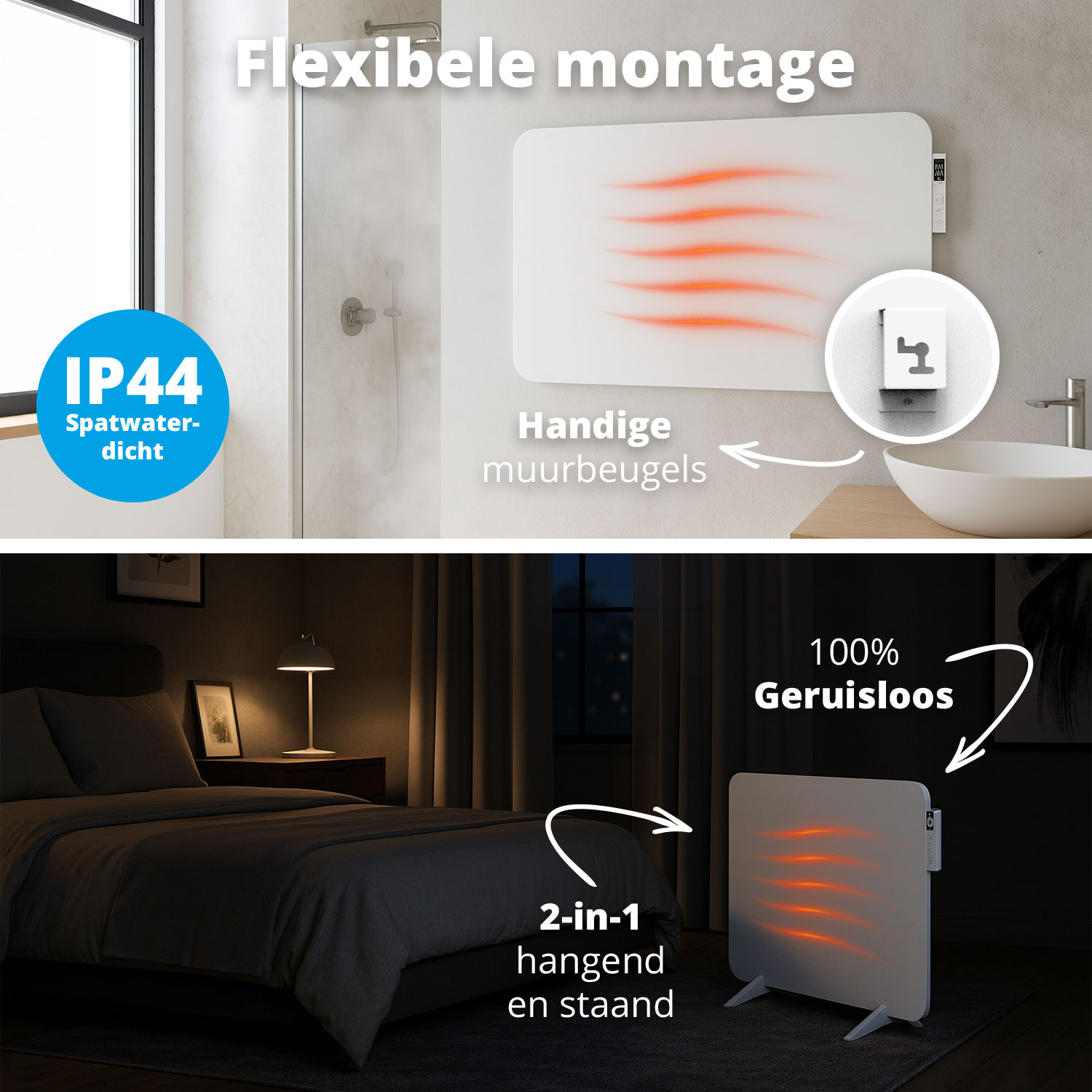 An image shows a white heater in a bathroom and a bedroom. Text mentions flexible installation, waterproof, and silent operation.