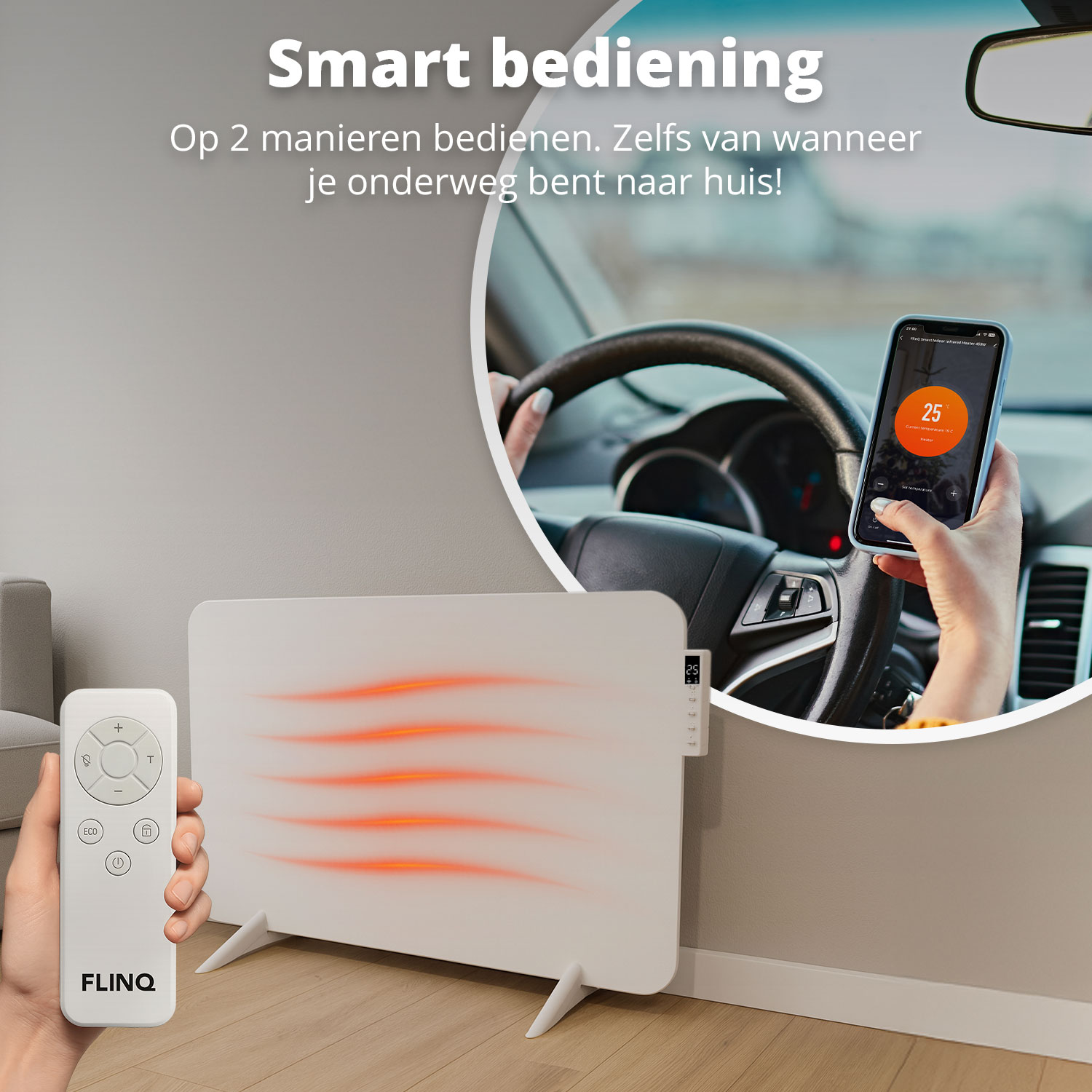 Een wit paneelverwarming met oranje strepen wordt getoond naast een hand die een afstandsbediening en een telefoon vasthoudt, auto en stuur.