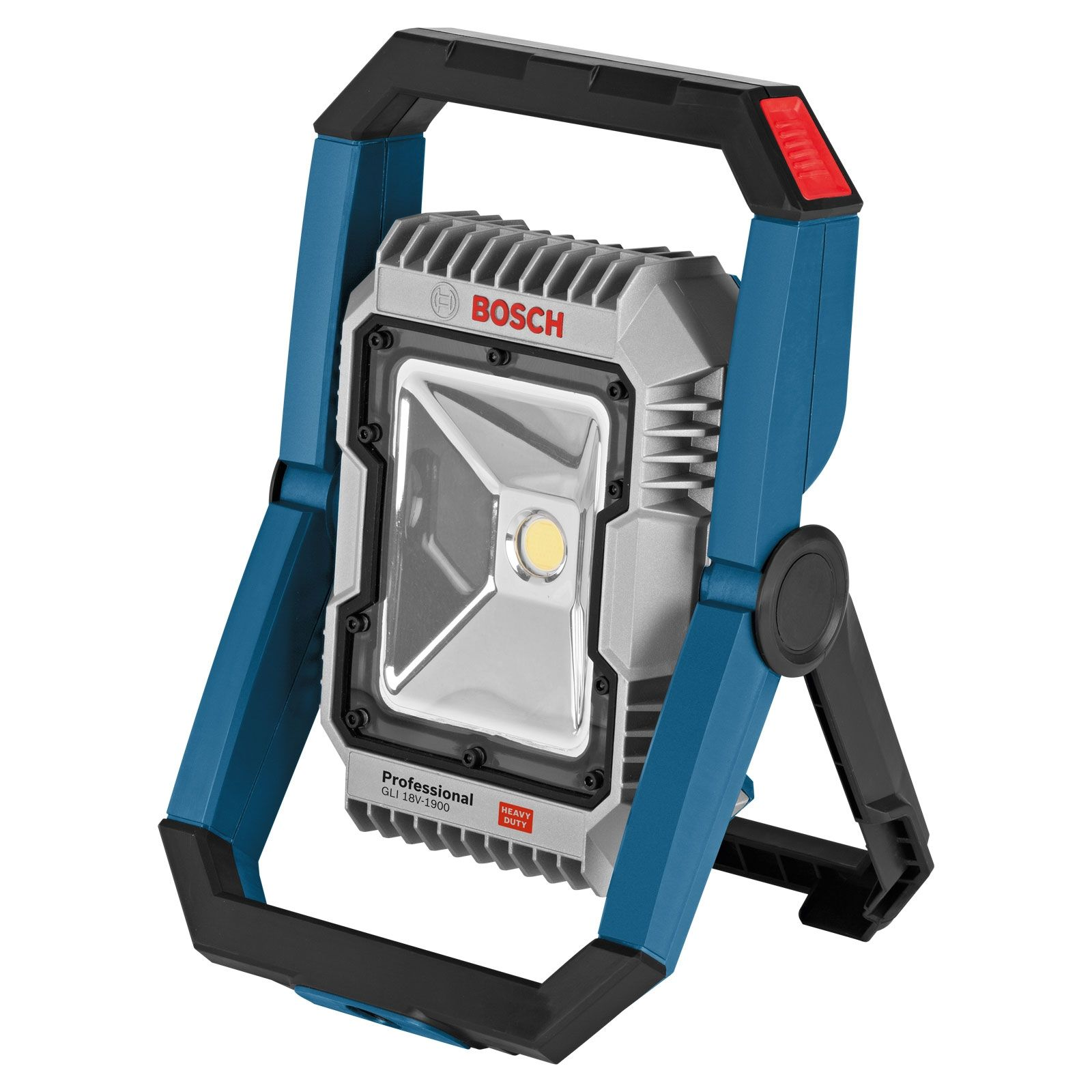 Una lampada da lavoro a LED Bosch con telaio blu e nero. Ha una testa luminosa argentata.