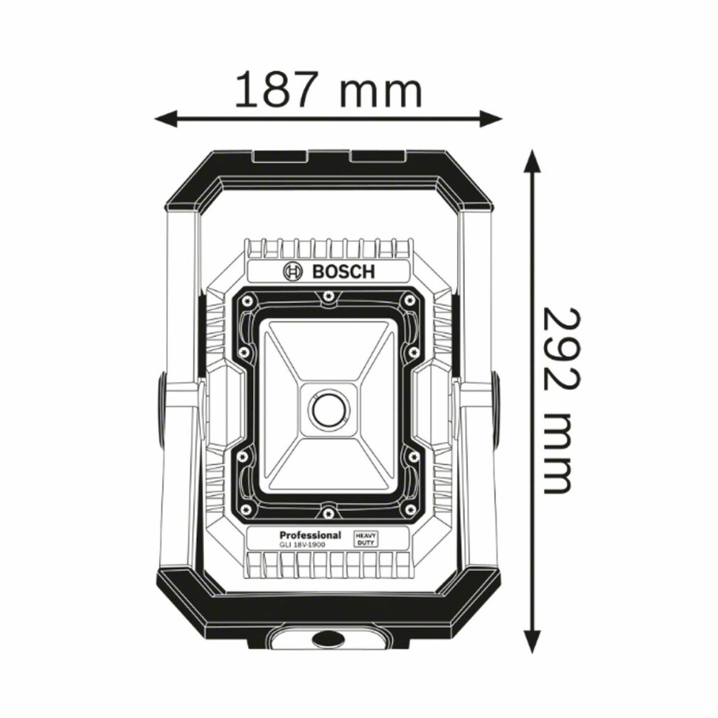 Faretto da lavoro Bosch Professional. Dimensioni: 187 mm x 292 mm. Heavy Duty, modello GLI 18V-1900. Marchio, logo e dettagli del prodotto visibili.