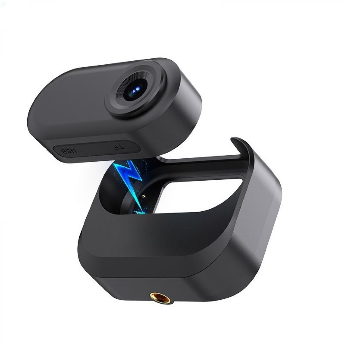 Schwarze Kamera mit Objektiv, über einem schwarzen Sockel, mit blauem Blitz. USB- und TF-Anschlüsse sichtbar.