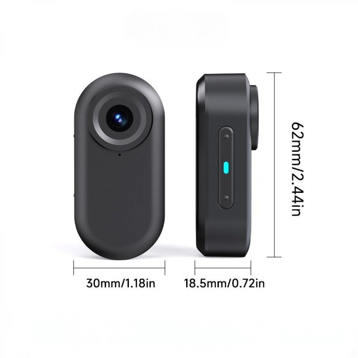 Zwei schwarze Action-Kameras, eine frontseitig, eine Seitenansicht. Abmessungen sind beschriftet: 30 mm, 18,5 mm und 62 mm.