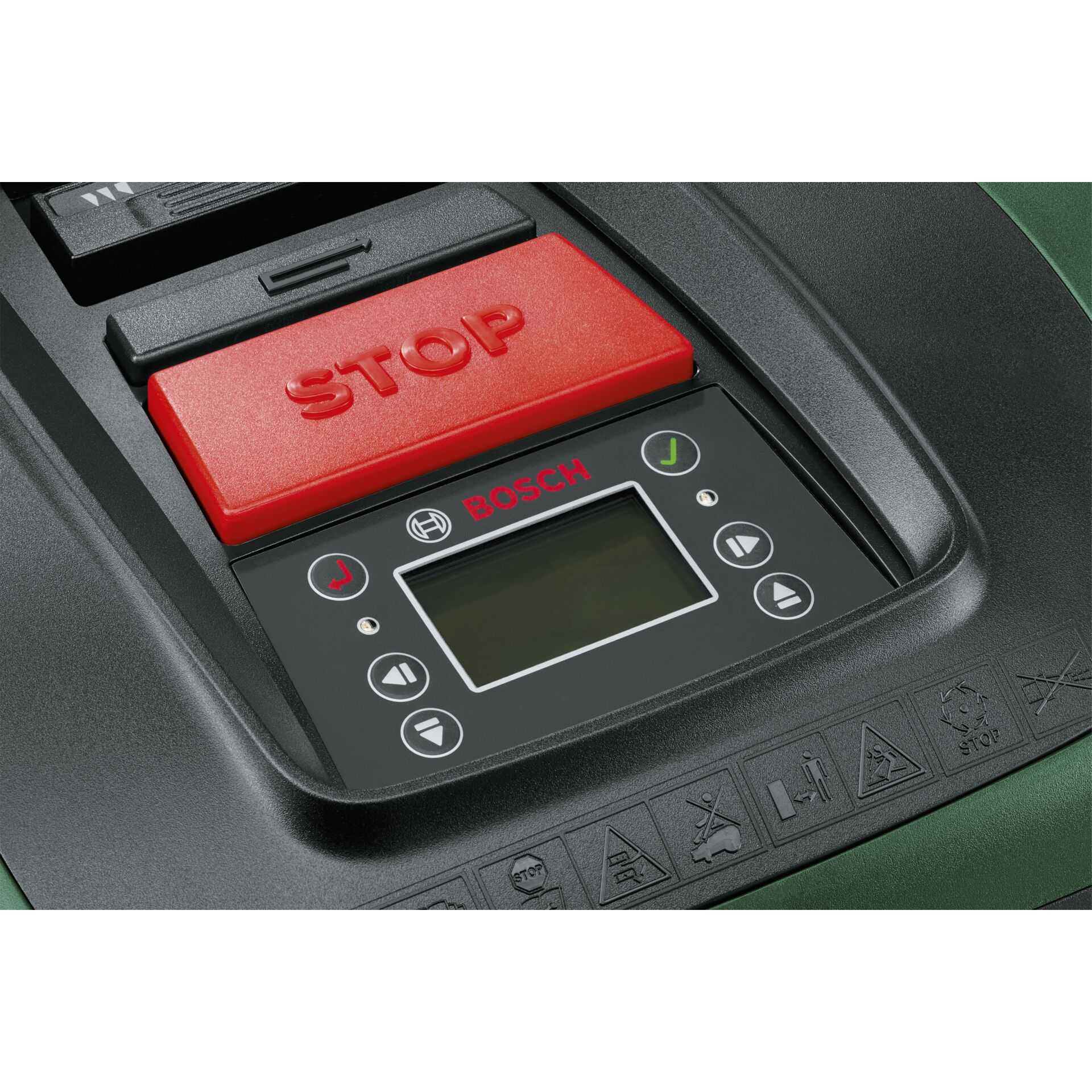 Zbliżenie robota koszącego trawnik pokazuje czerwony przycisk stop i panel sterowania z logo Bosch.