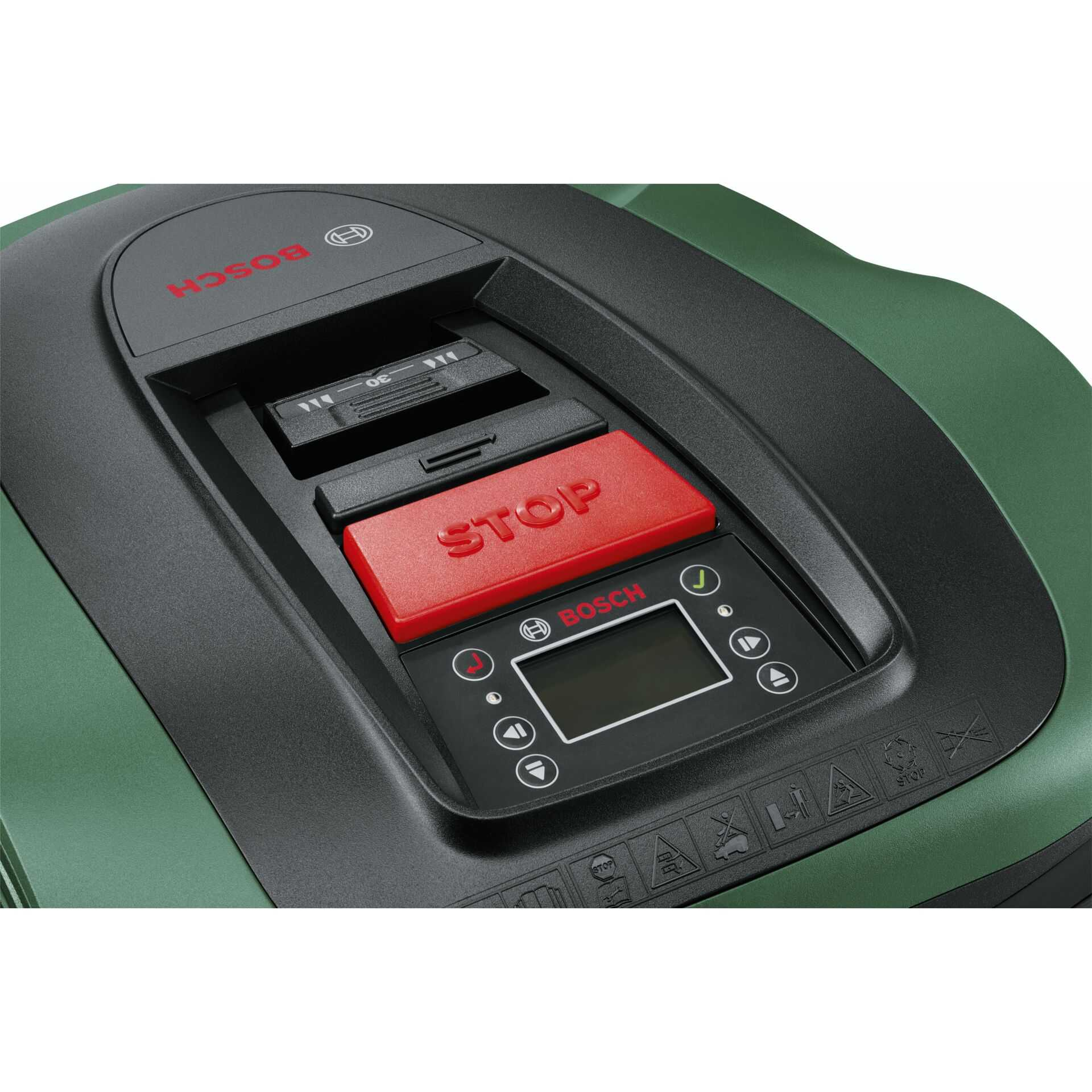 Zbliżenie zielono-czarnej kosiarki automatycznej. Ma czerwony przycisk stop i mały ekran. Widoczne jest logo Bosch.