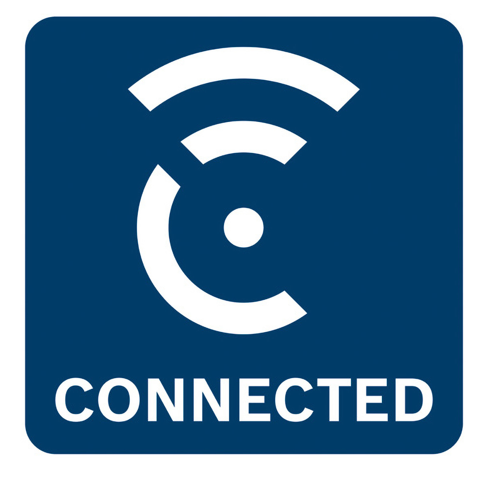 Niebieski kwadrat z białym symbolem Wi-Fi i słowem CONNECTED poniżej.